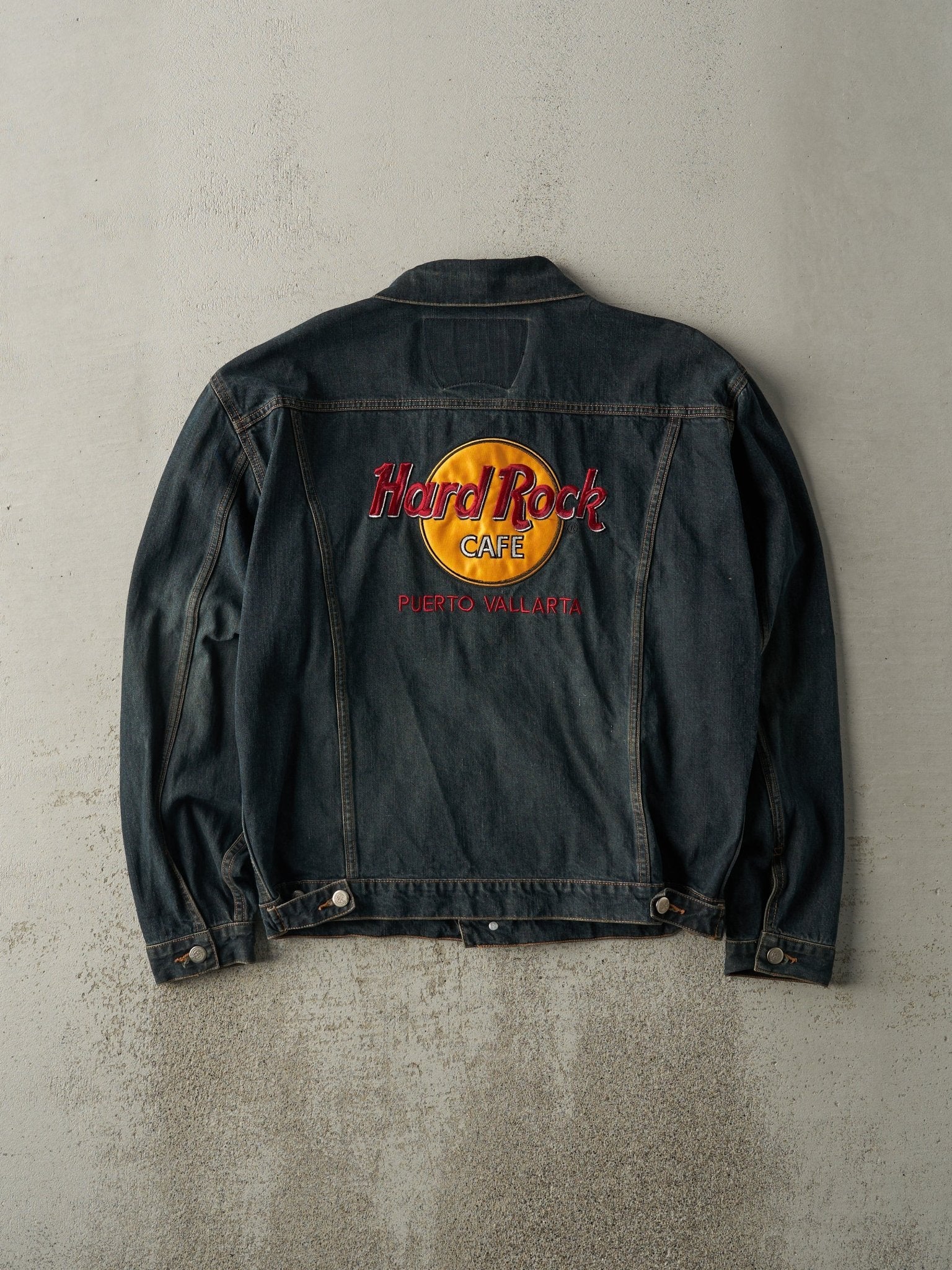 Vintage 90s Dark Wash Hard Rock Cafe Puerto Vallarta Embroidered Denim Jacket (L)