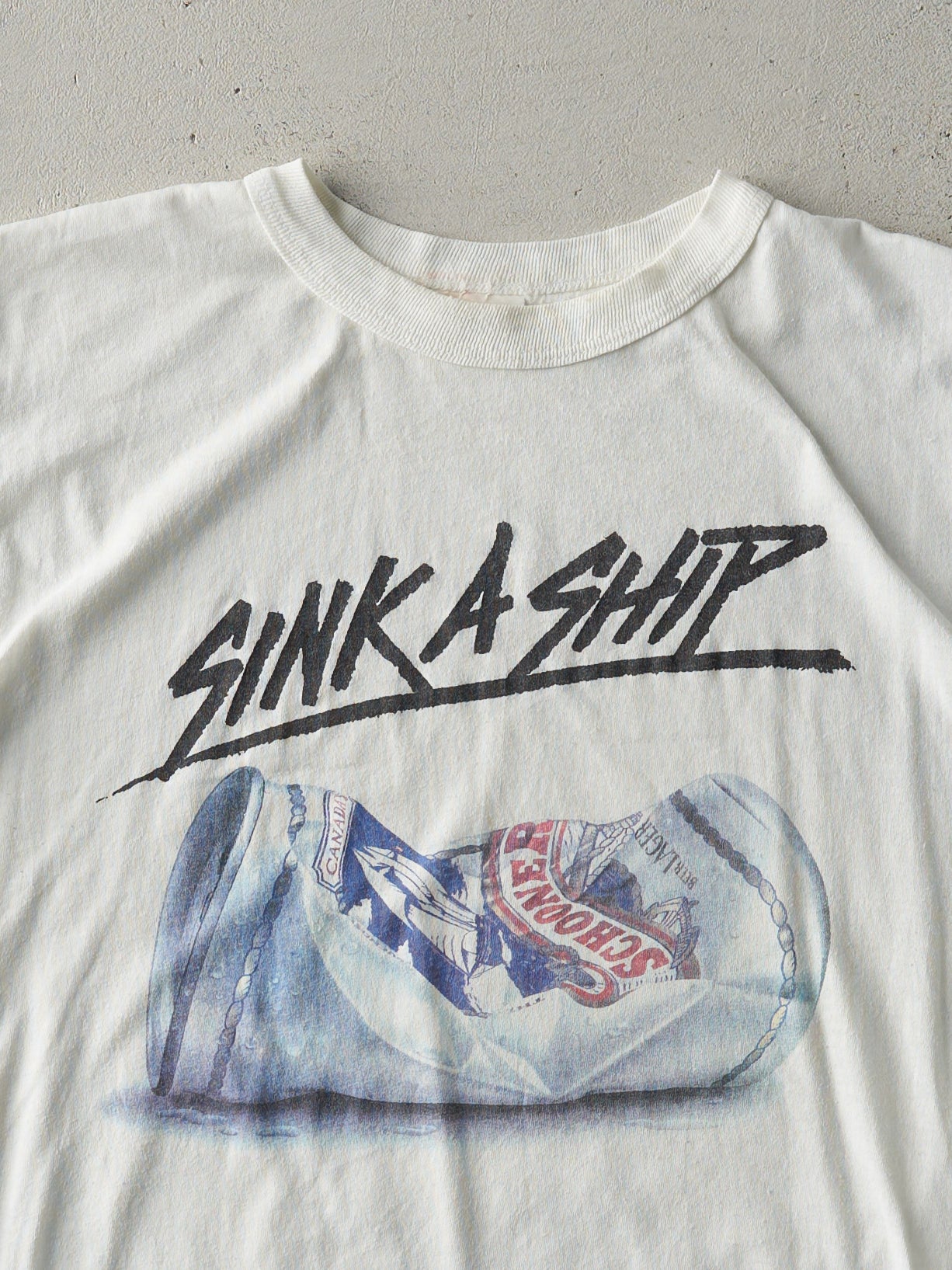 Vintage 80s White "Sink A Ship" Schooner Beer Single Stitch Tee (S)