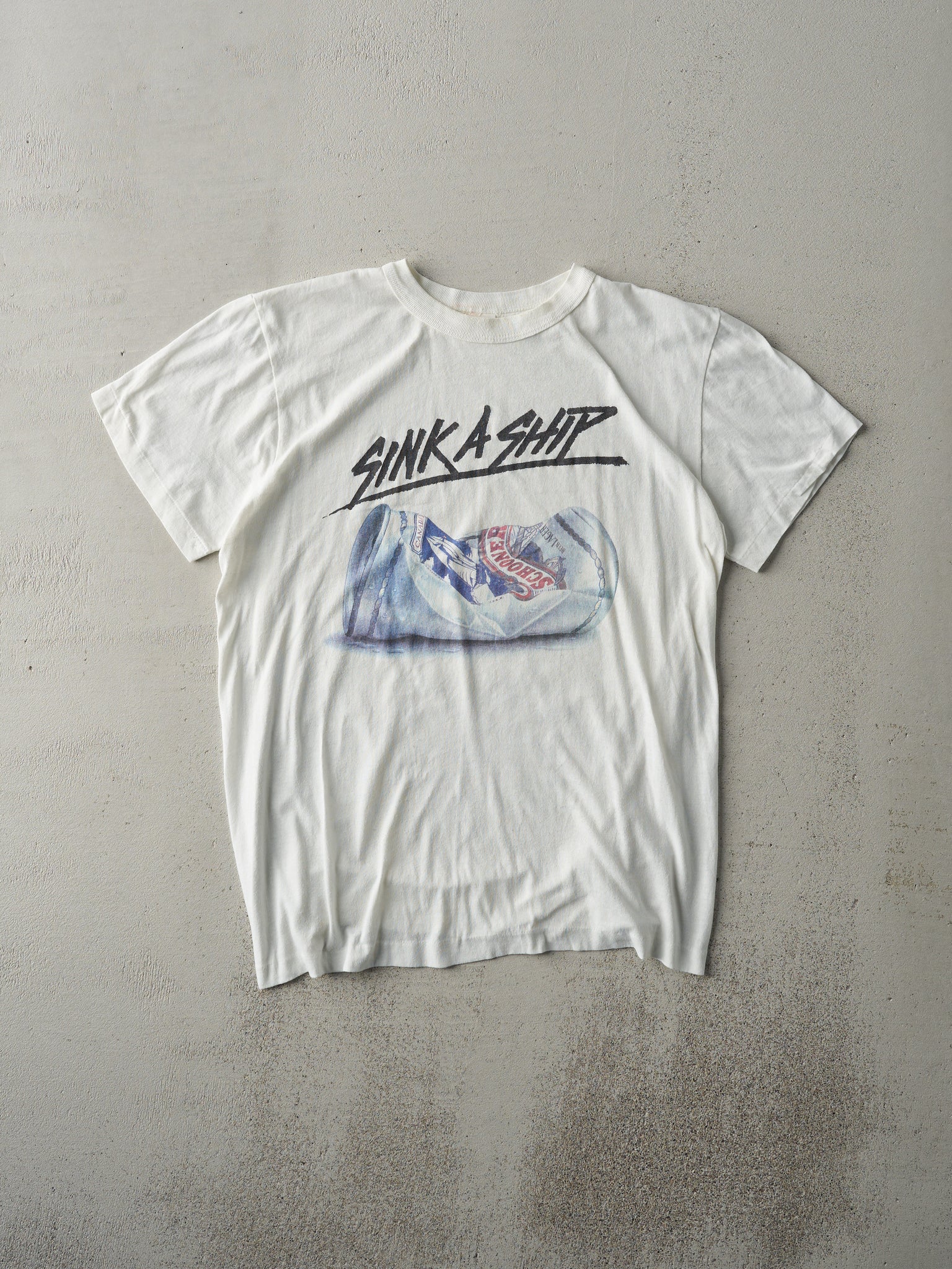 Vintage 80s White "Sink A Ship" Schooner Beer Single Stitch Tee (S)