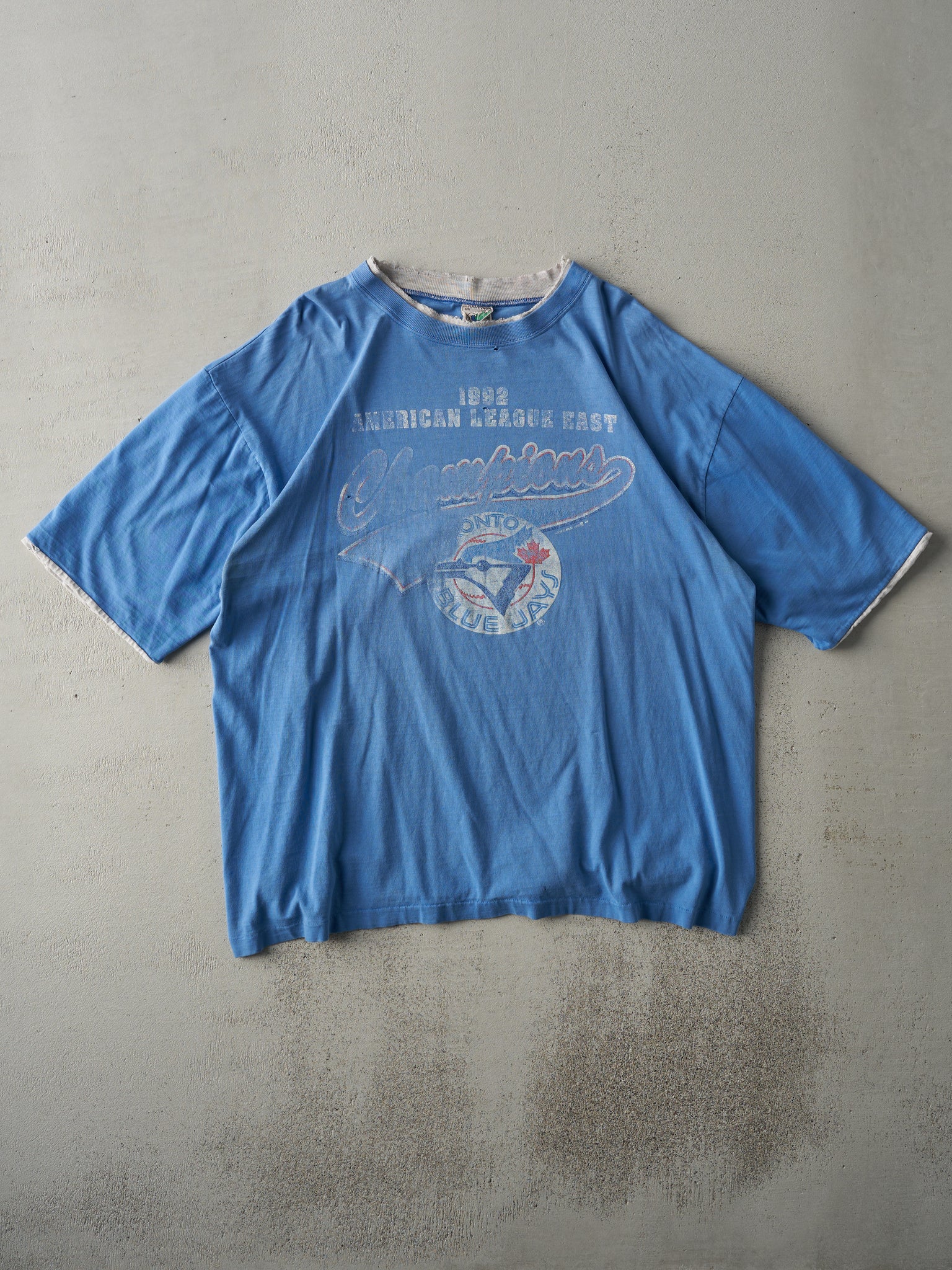 Vintage 92' Faded Blue Toronto Blue Jays ALE Champions Double Neck Tee (L)