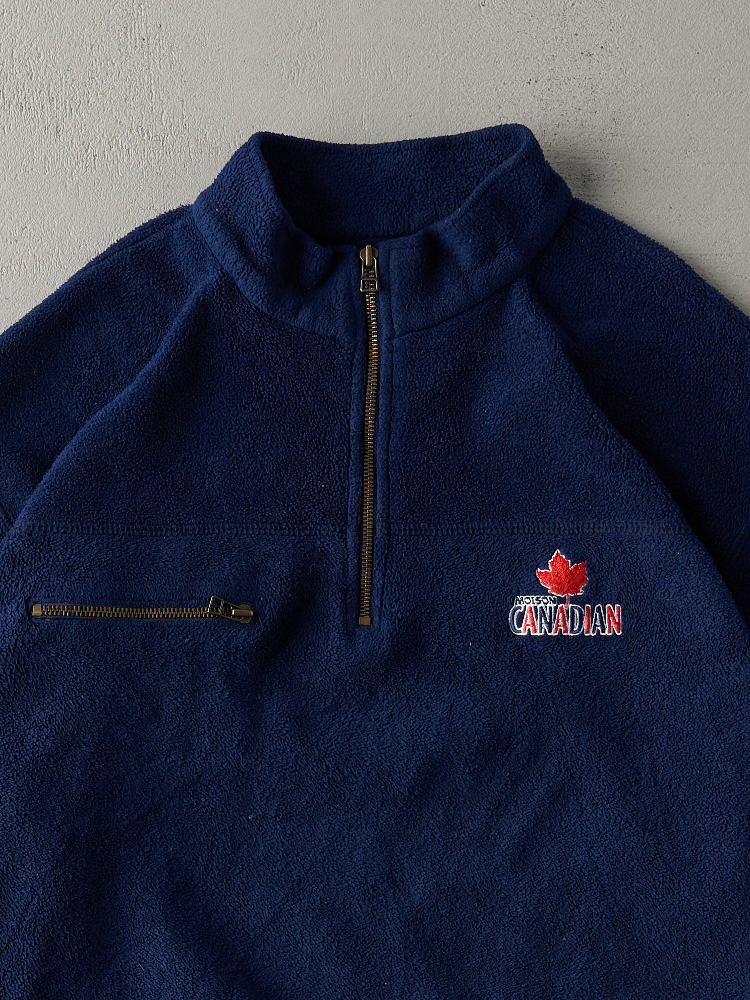 Vintage 90s Navy Blue Molson Canadian Embroidered Roots Fleece Quarter Zip Sweater (L/XL)