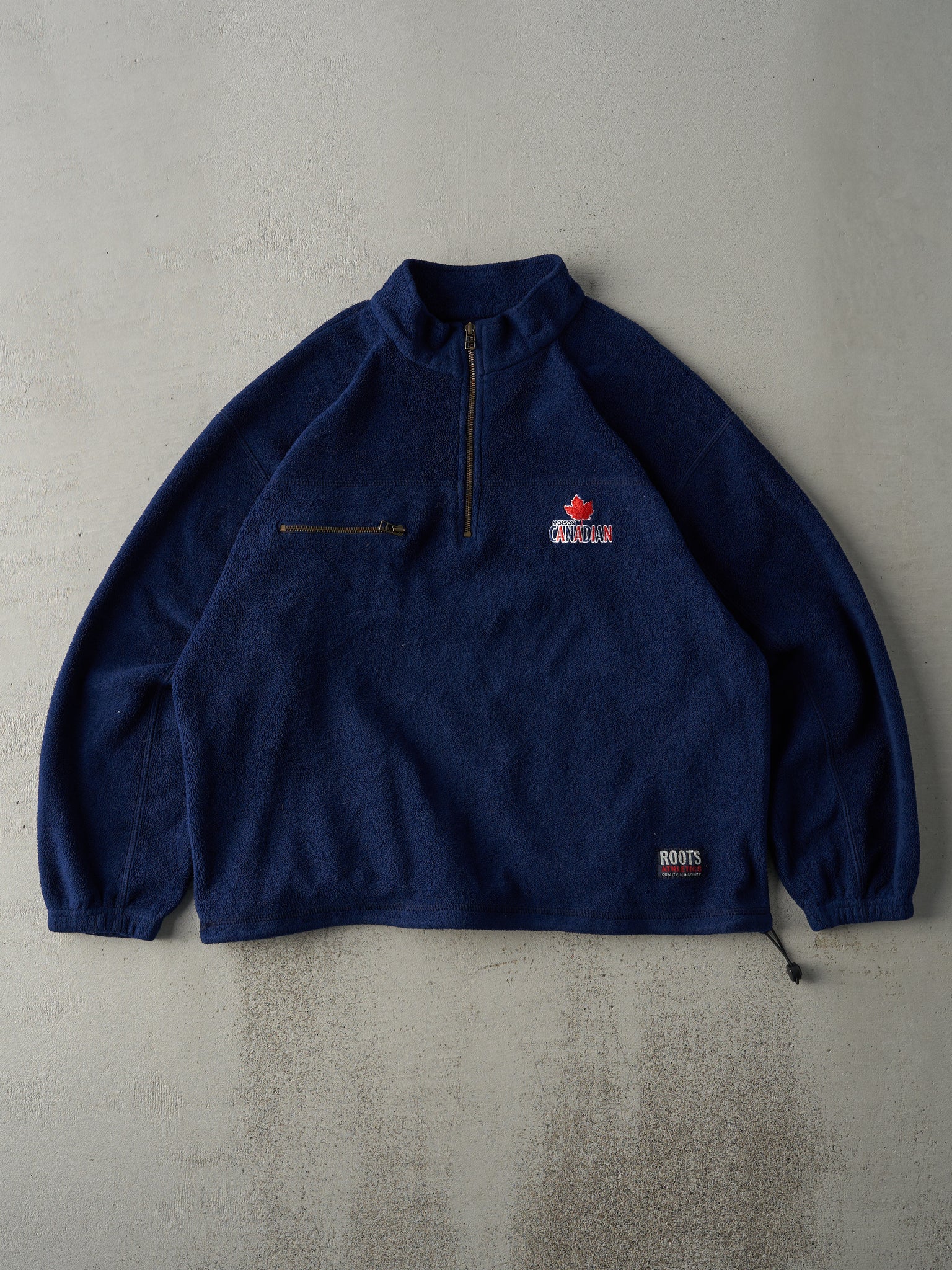 Vintage 90s Navy Blue Molson Canadian Embroidered Roots Fleece Quarter Zip Sweater (L/XL)