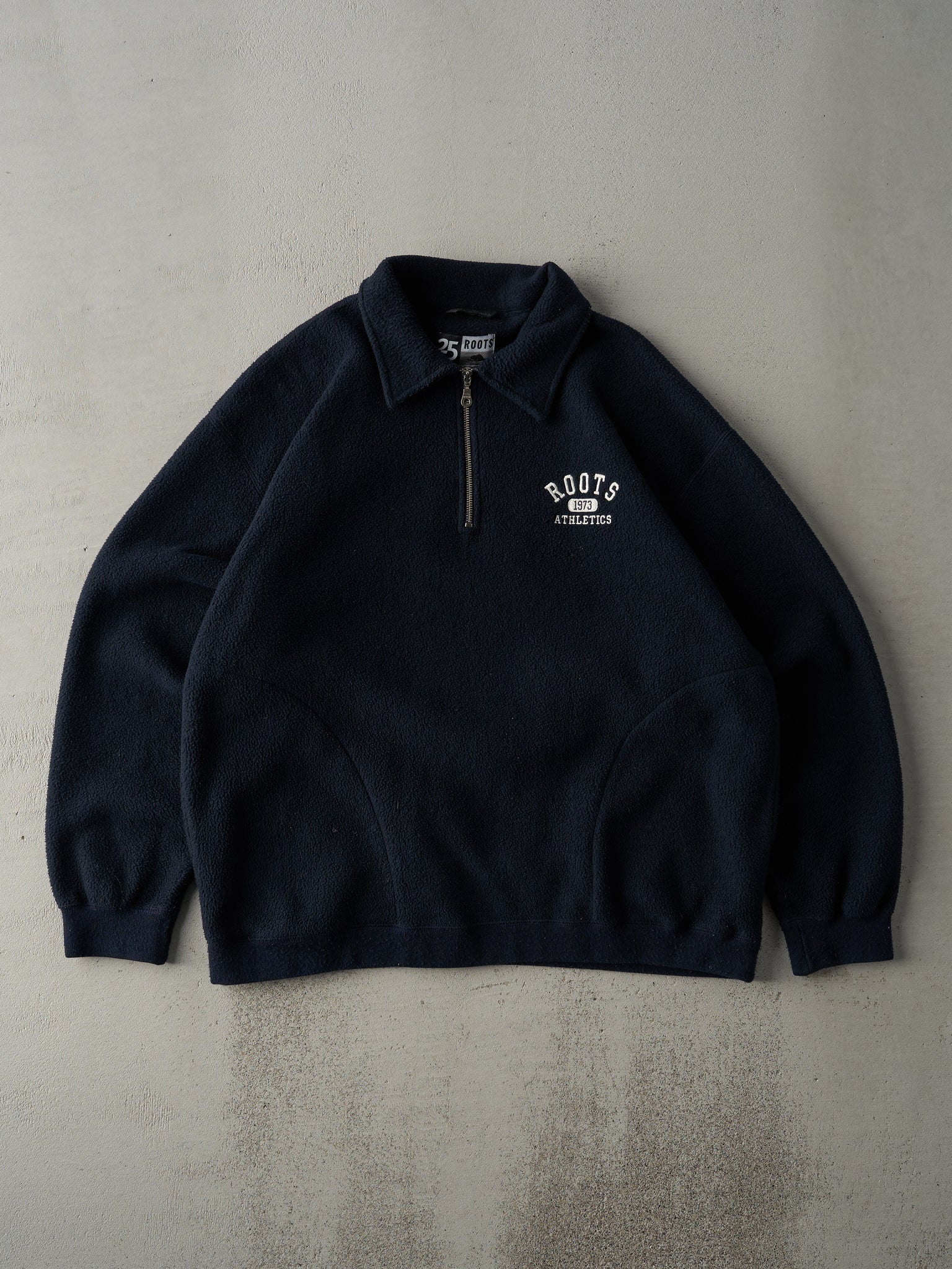 Vintage 90s Navy Blue Roots Athletics Fleece Quarter Zip Sweater (XL)