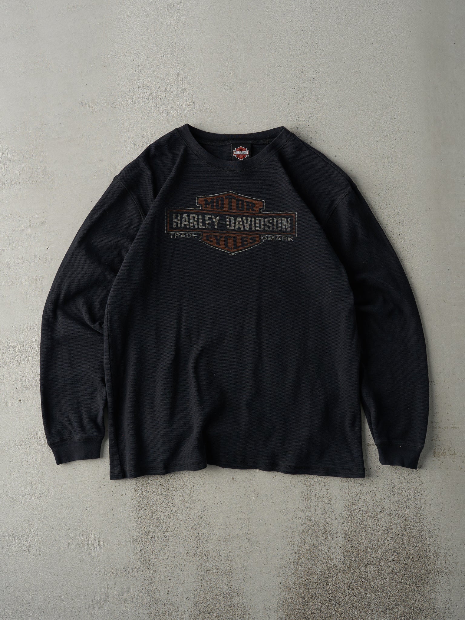 Vintage 10' Black RARE Harley Davidson Burlington Washington Waffle Knit Long Sleeve (M)