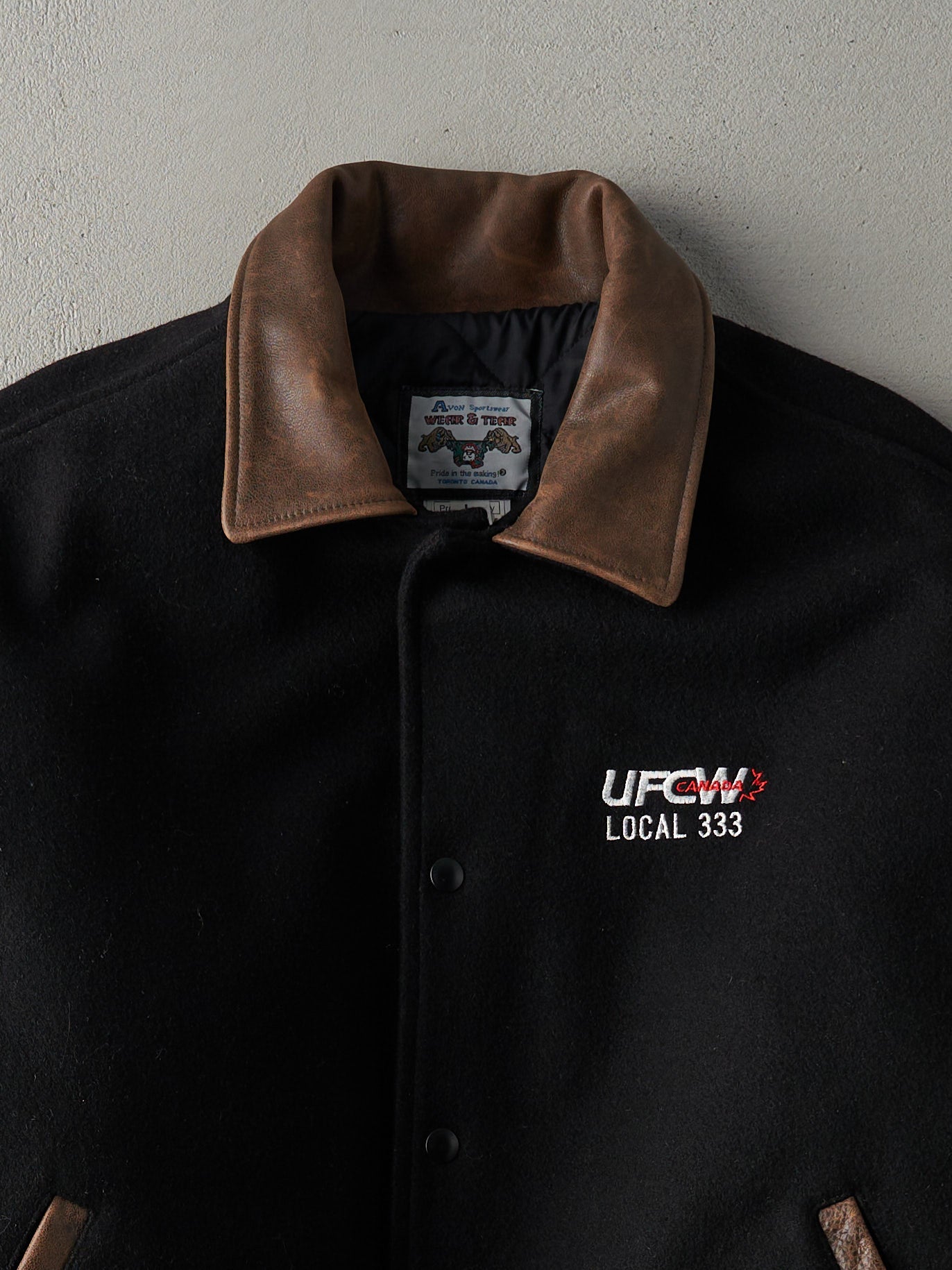 Vintage 90s Black UFCW Union Wool and Leather Varsity Jacket (M)