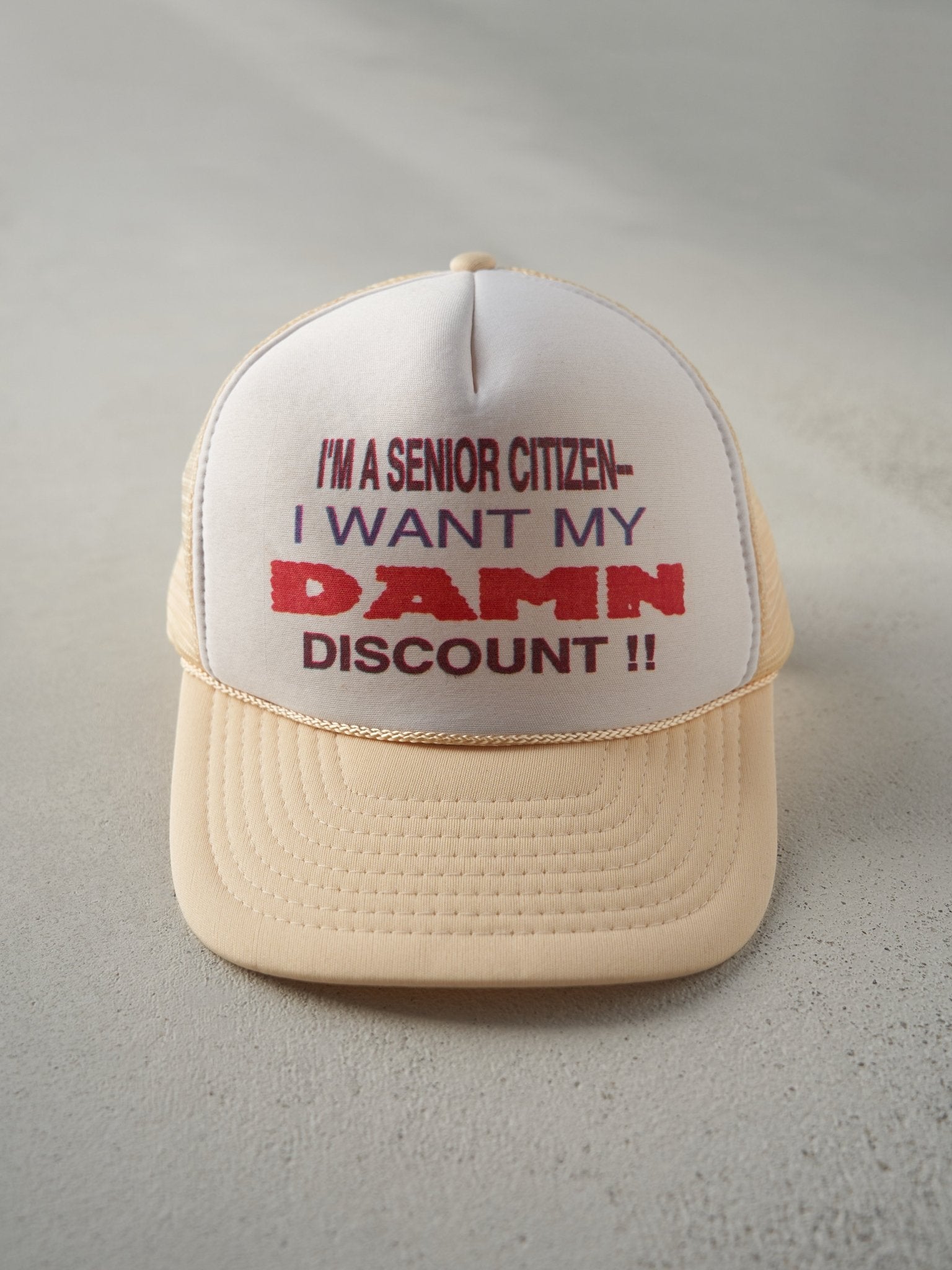 Vintage 90s Beige "I Want My Damn Discount" Foam Trucker Hat