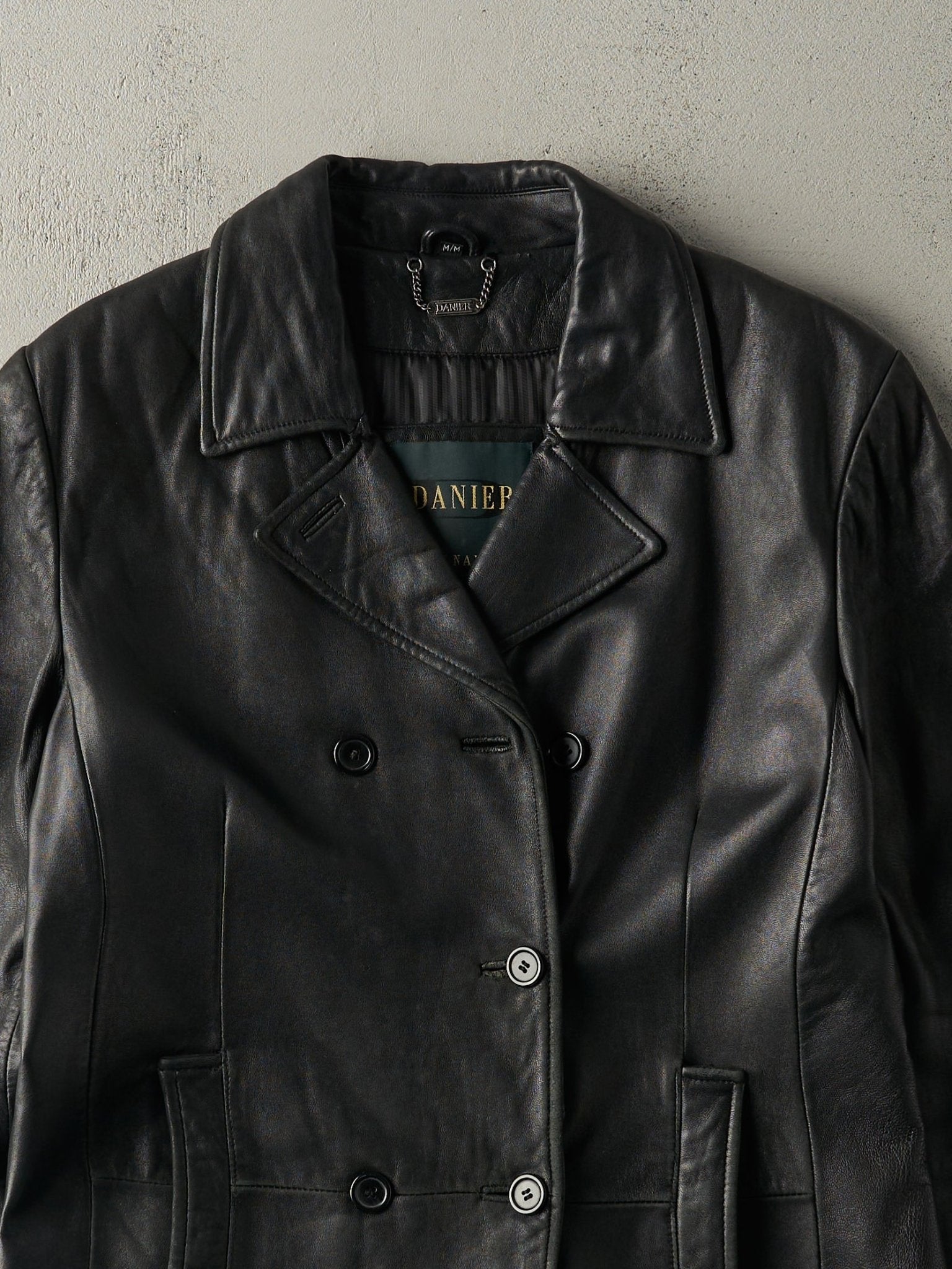 Vintage 90s Black Danier Leather Trench Coat (M)