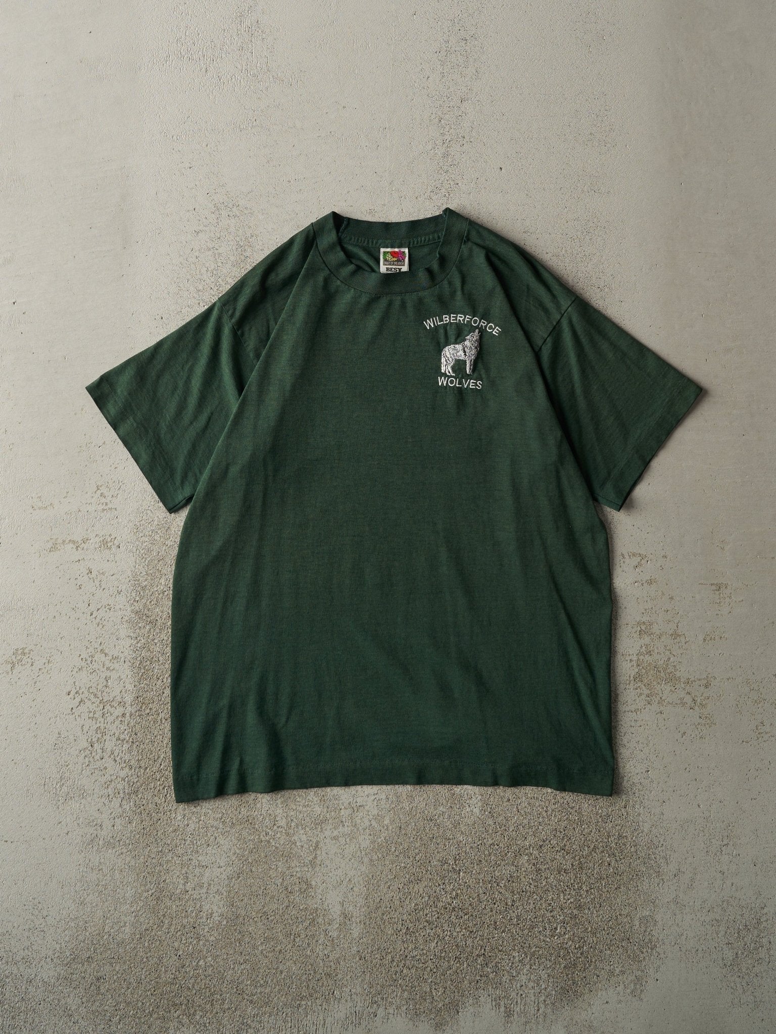 Vintage 90s Green Embroidered Wilberforce Wolves Single Stitch Tee (M)