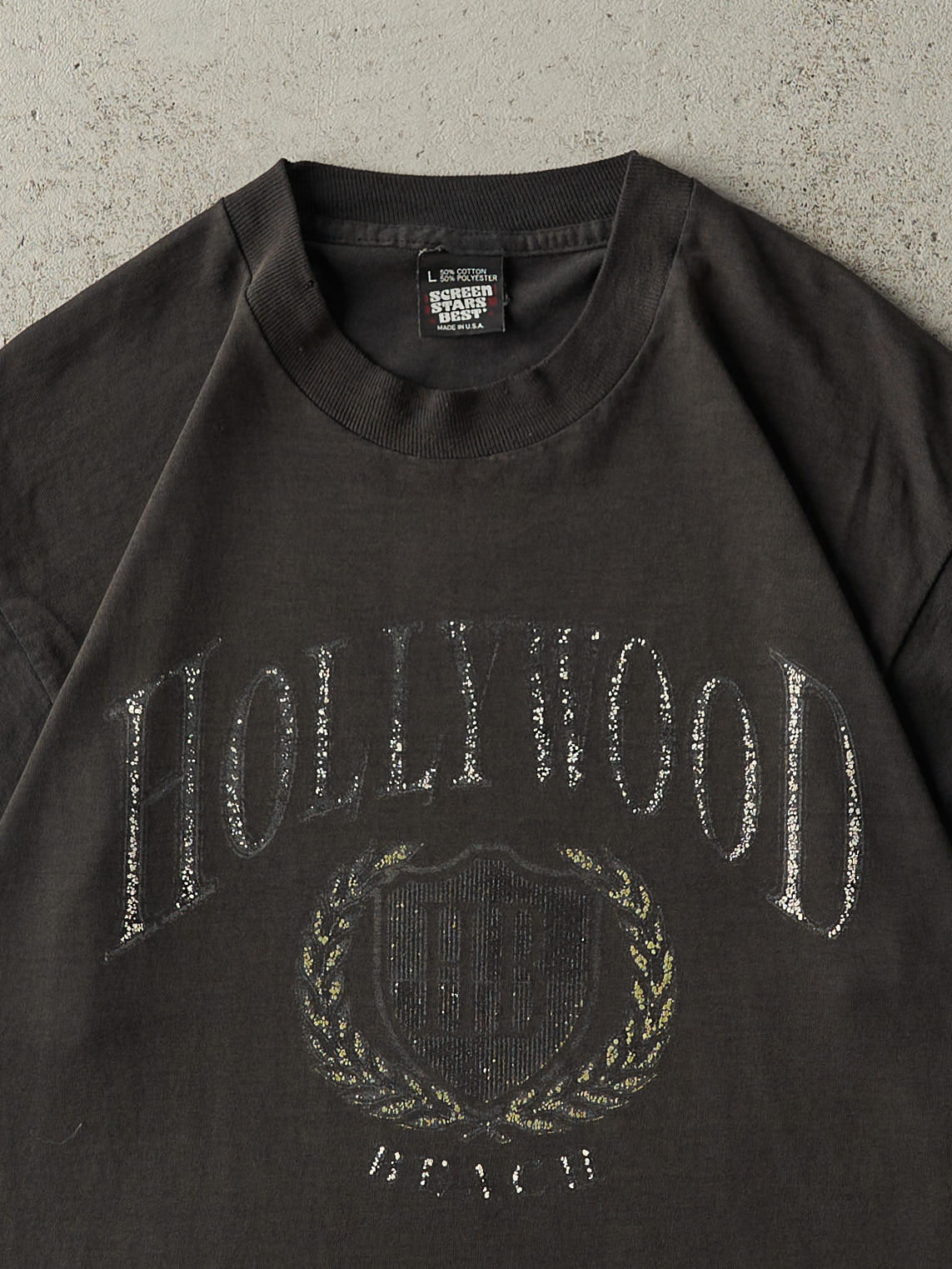 Vintage 90s Faded Black Hollywood Beach Single Stitch Tee (M)