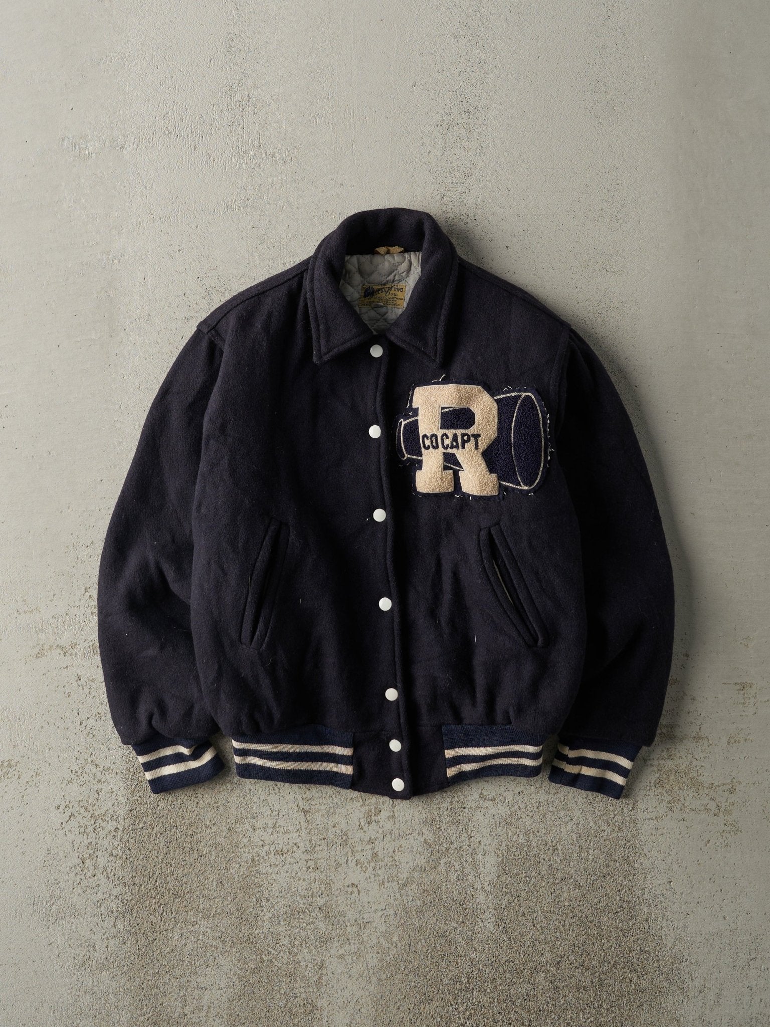 Vintage 80s Navy Blue Co Captain Wool Varsity Jacket (M)