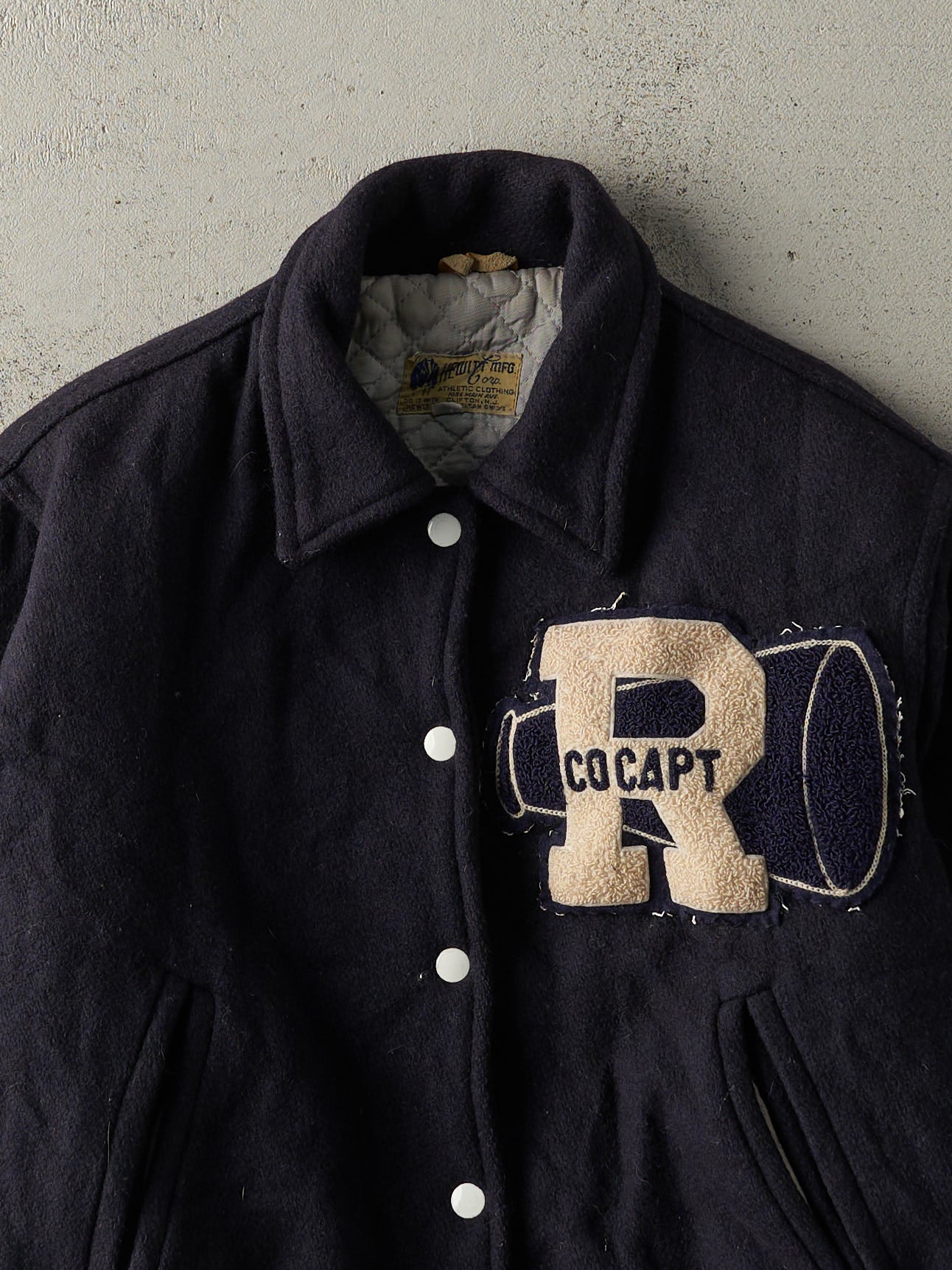 Vintage 80s Navy Blue Co Captain Wool Varsity Jacket (M)