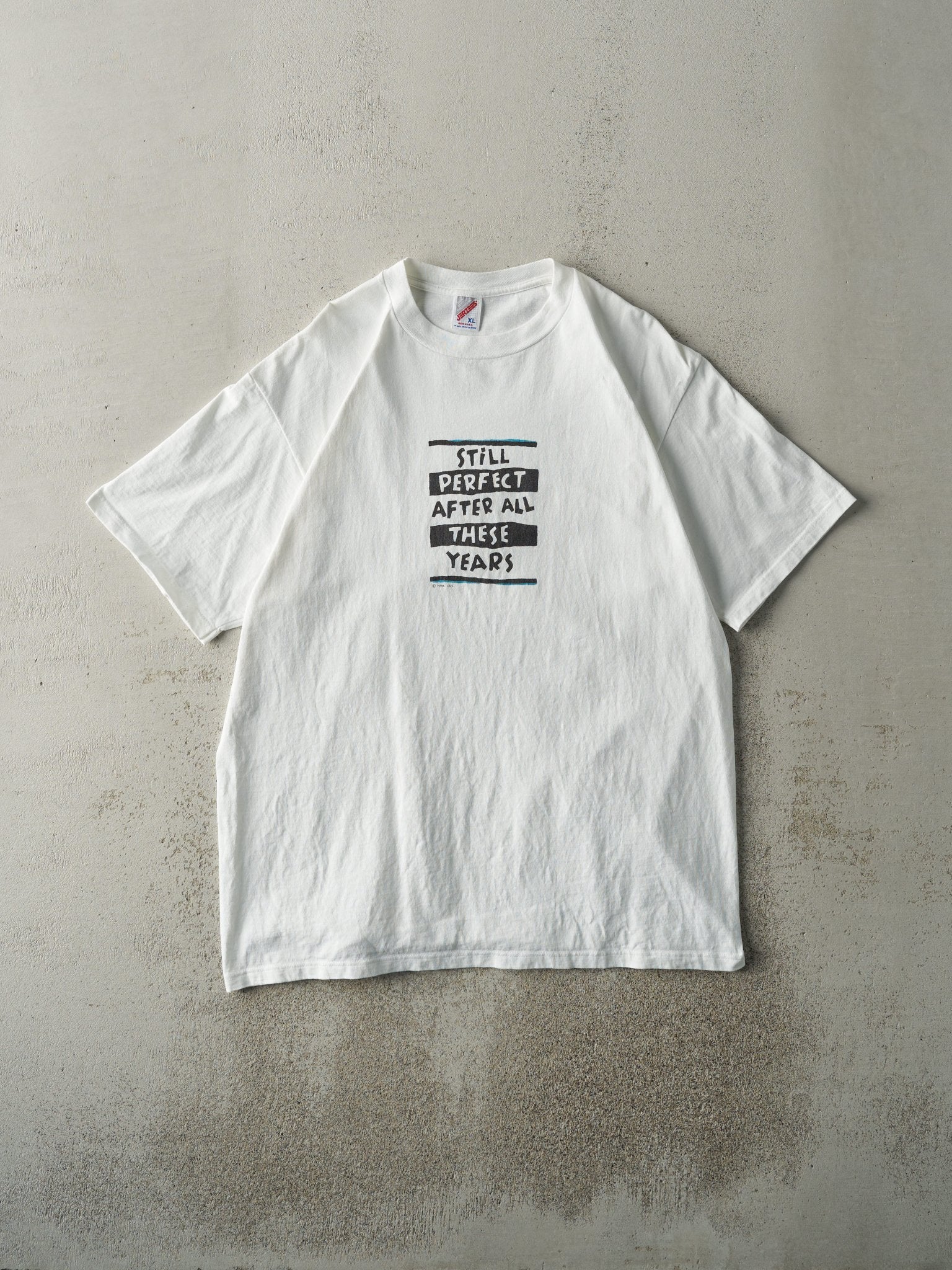 Vintage 90s White "Still Perfect" Slogan Tee (L)