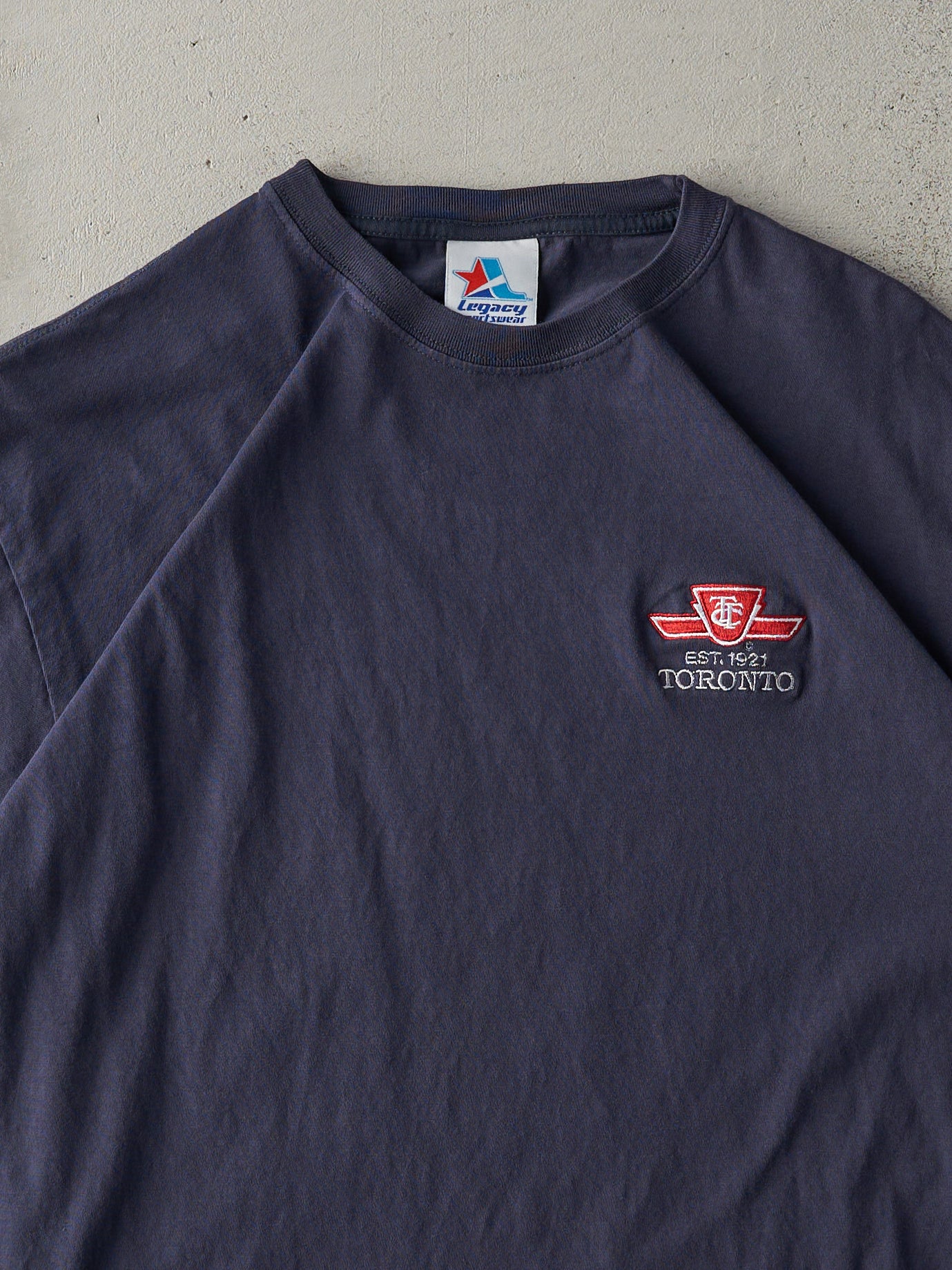 Vintage 90s Navy Blue TTC Embroidered Logo Tee (M)