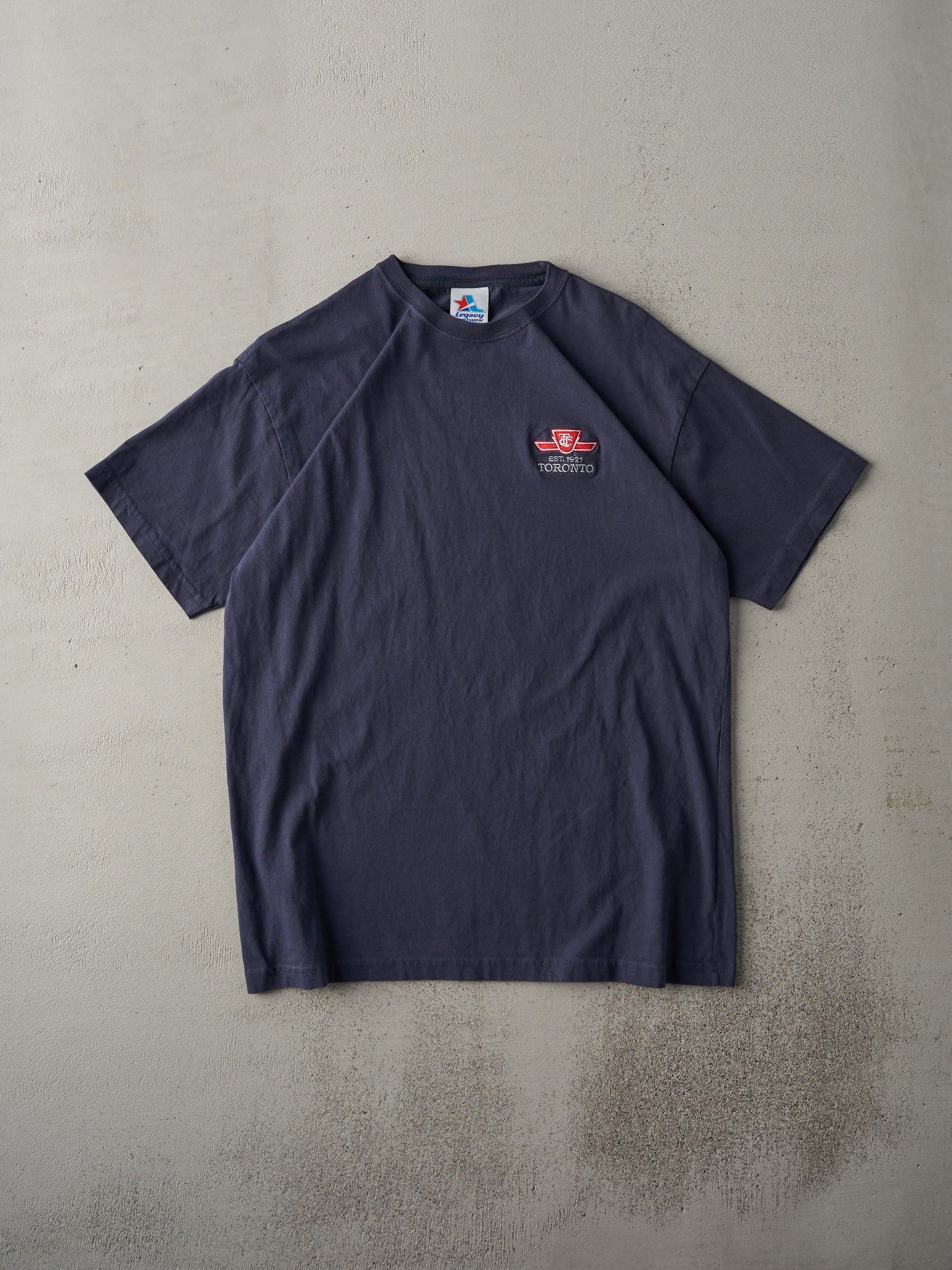 Vintage 90s Navy Blue TTC Embroidered Logo Tee (M)