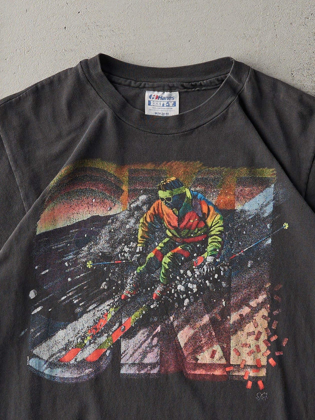 Vintage 90s Faded Black Skiing Graphic Single Stitch Tee (S)