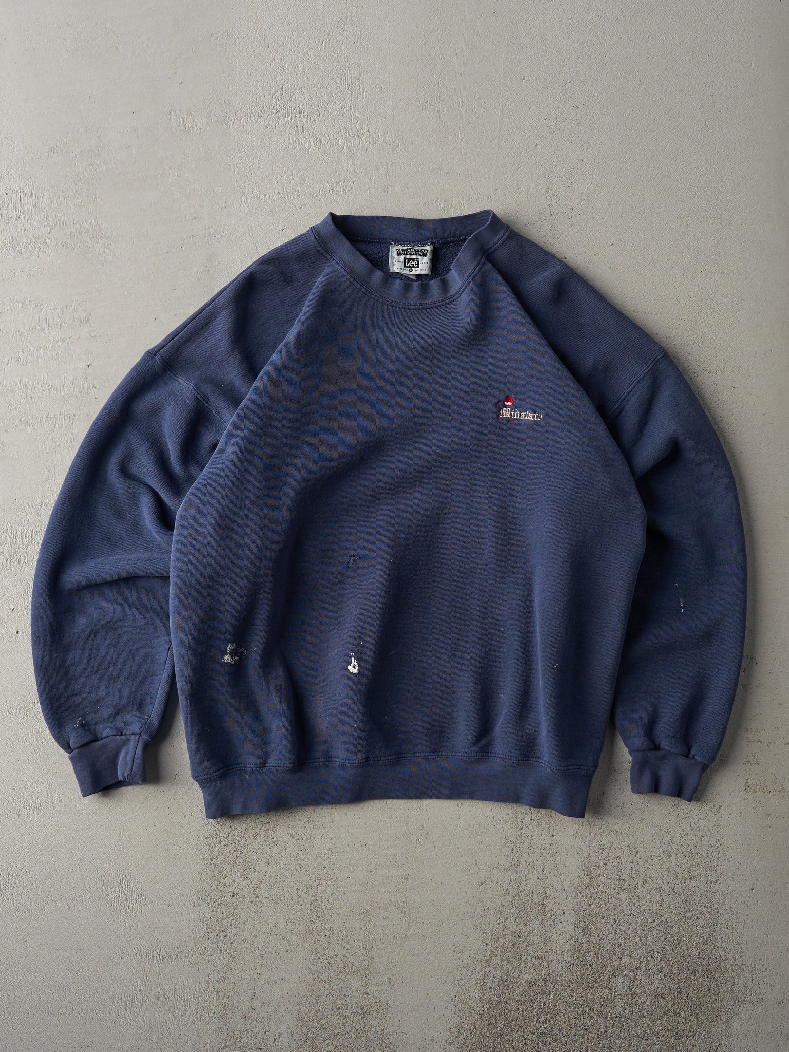 Vintage 90s Washed Navy Midstate Embroidered Logo Crewneck (L)