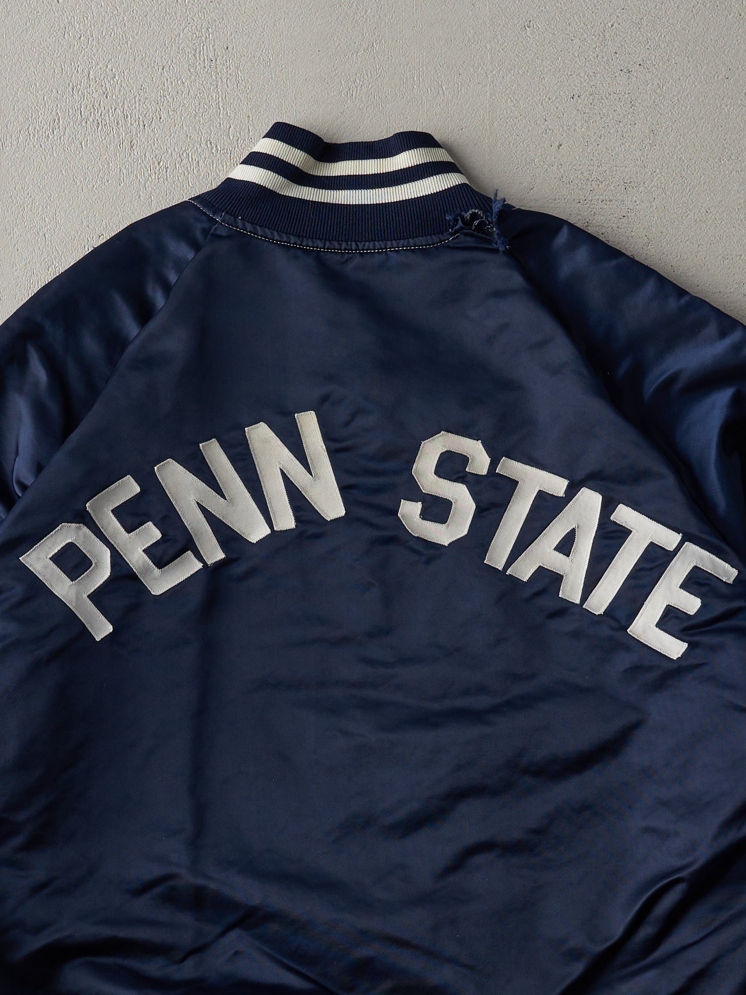 Vintage 80s Navy Blue Penn State Boxy Satin Bomber Jacket (M)