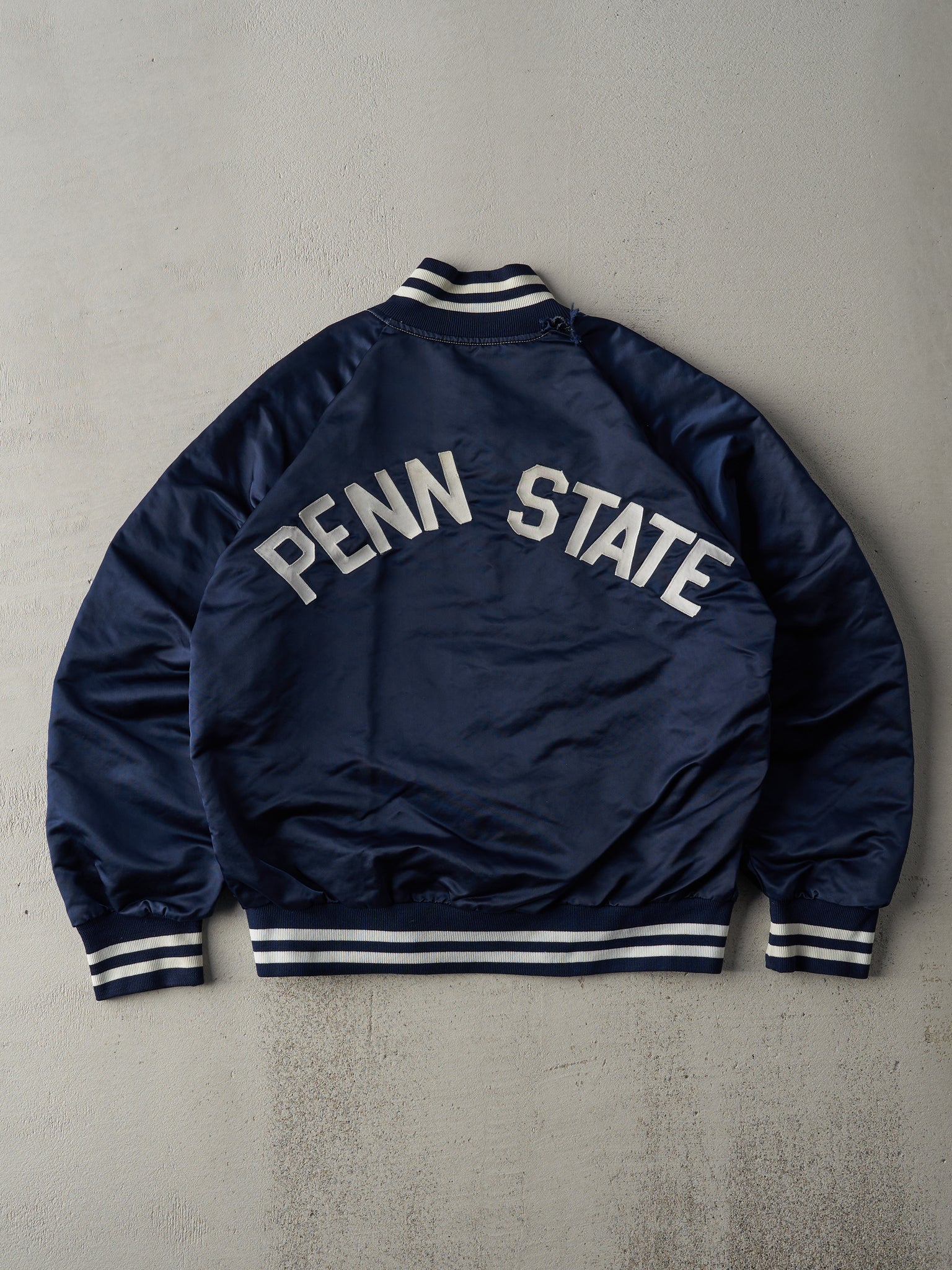 Vintage 80s Navy Blue Penn State Boxy Satin Bomber Jacket (M)