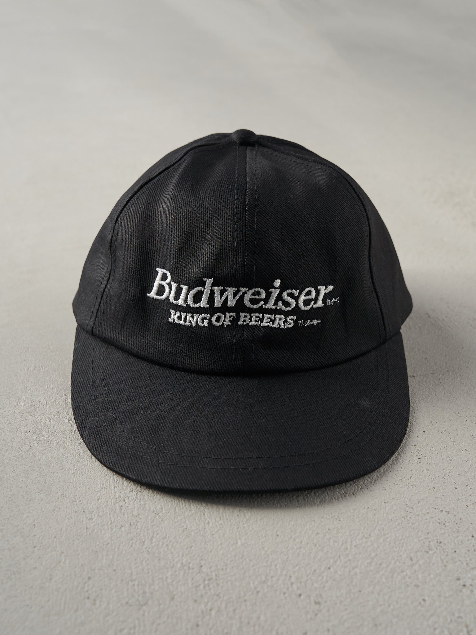 Vintage 80s Black Budweiser Leather Strap Back Hat