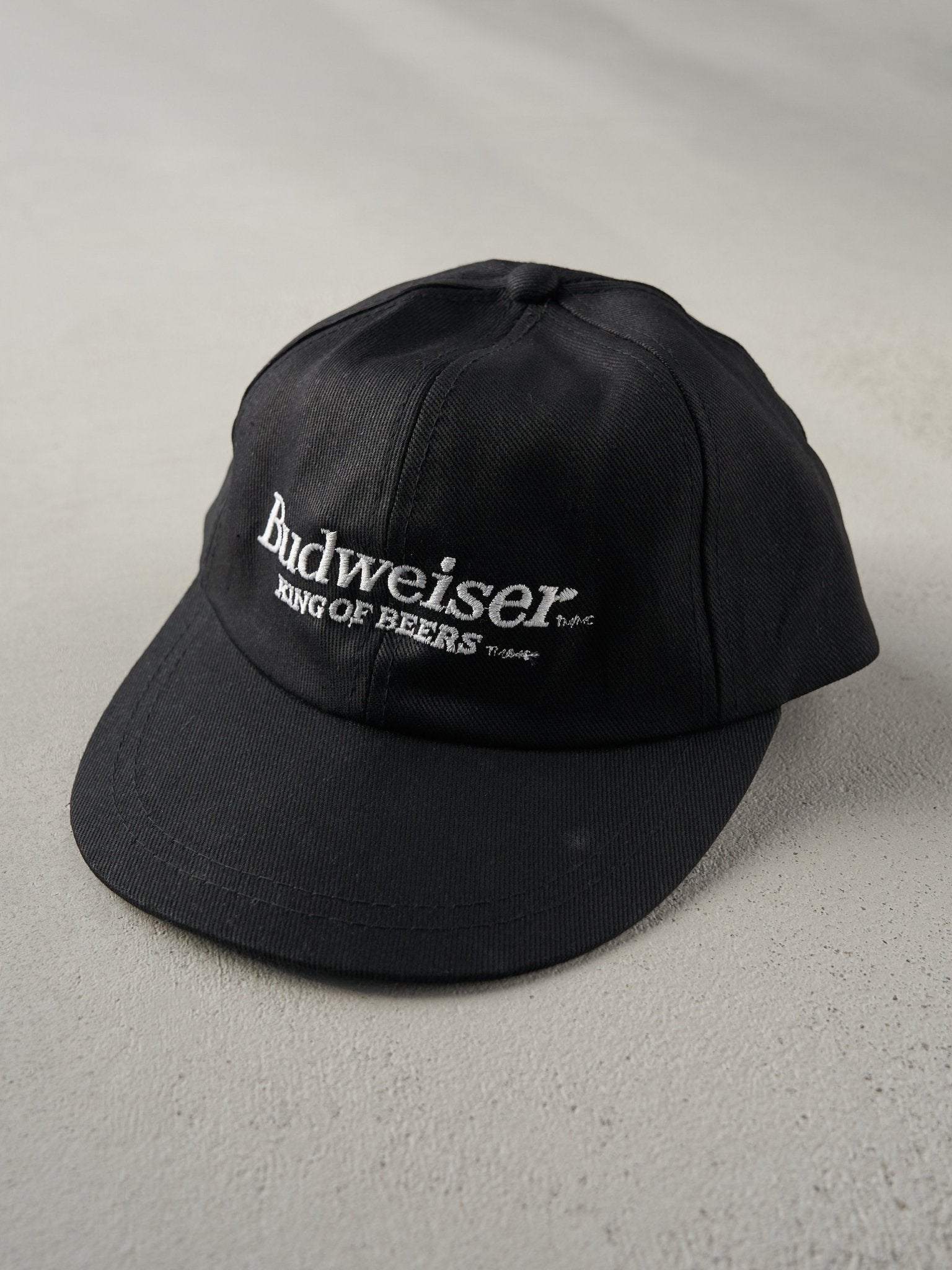 Vintage 80s Black Budweiser Leather Strapback Hat