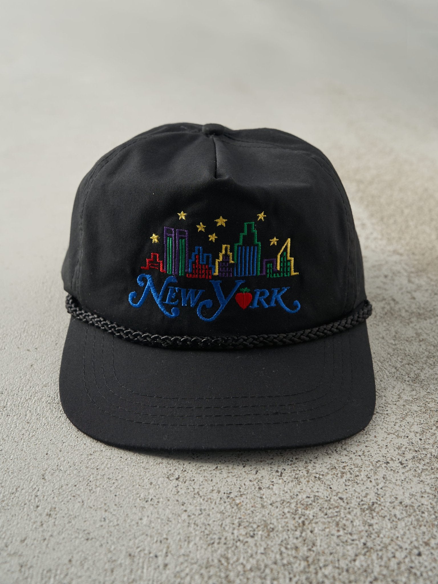 Vintage 90s Black New York Embroidered Leather Strapback Hat