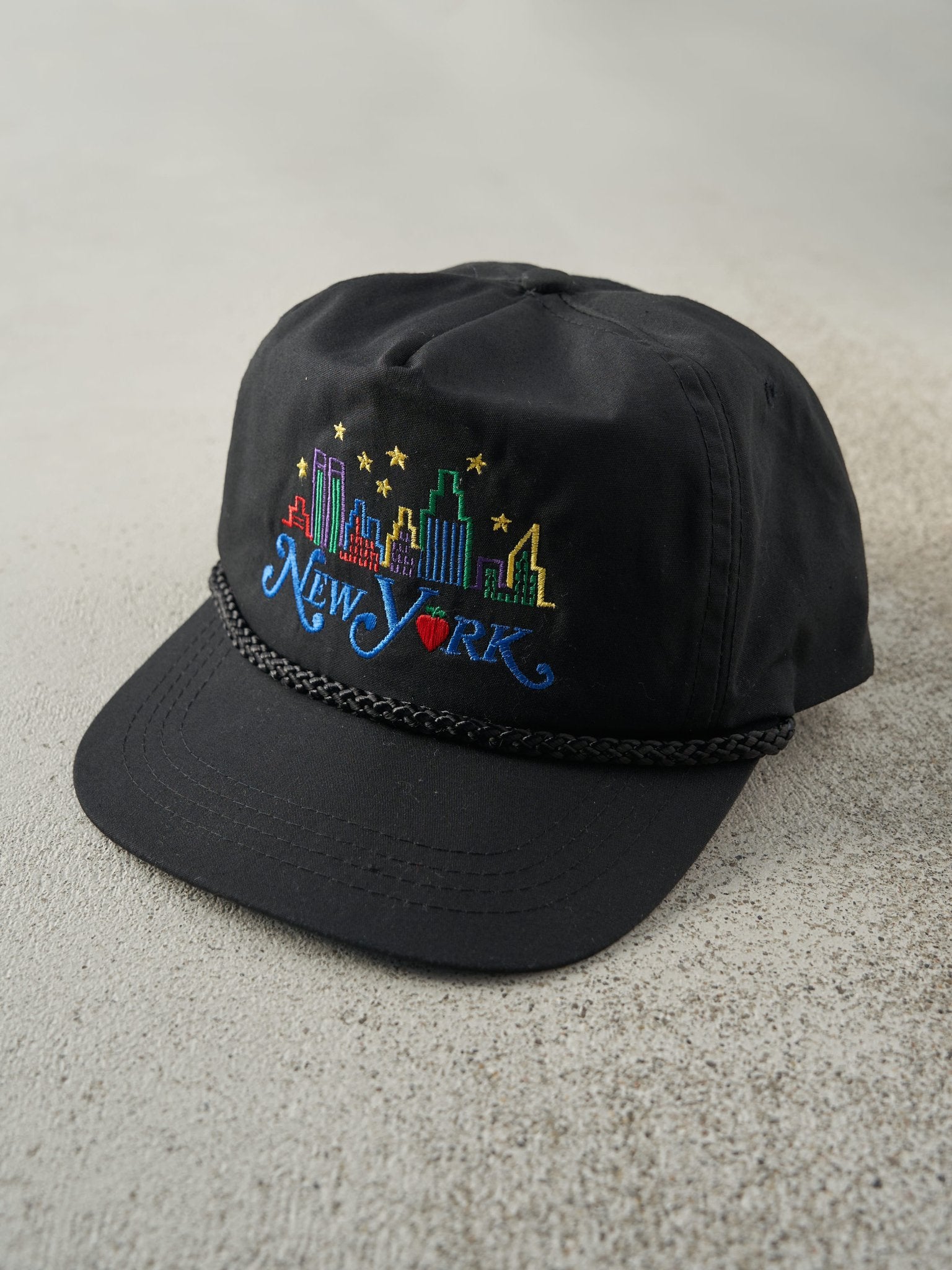 Vintage 90s Black New York Embroidered Leather Strapback Hat