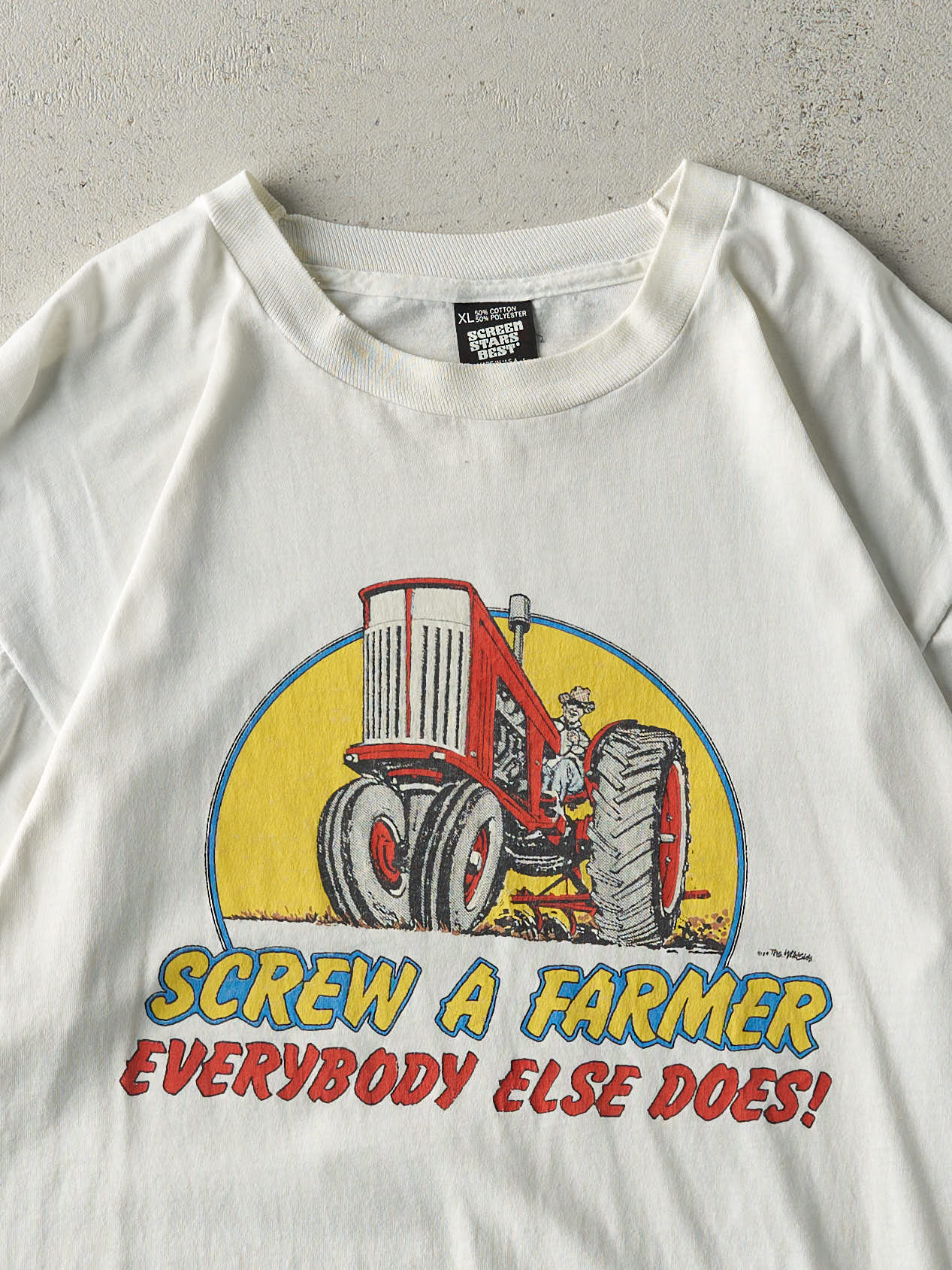 Vintage 89' White "Screw A Farmer" Single Stitch Tee (L)