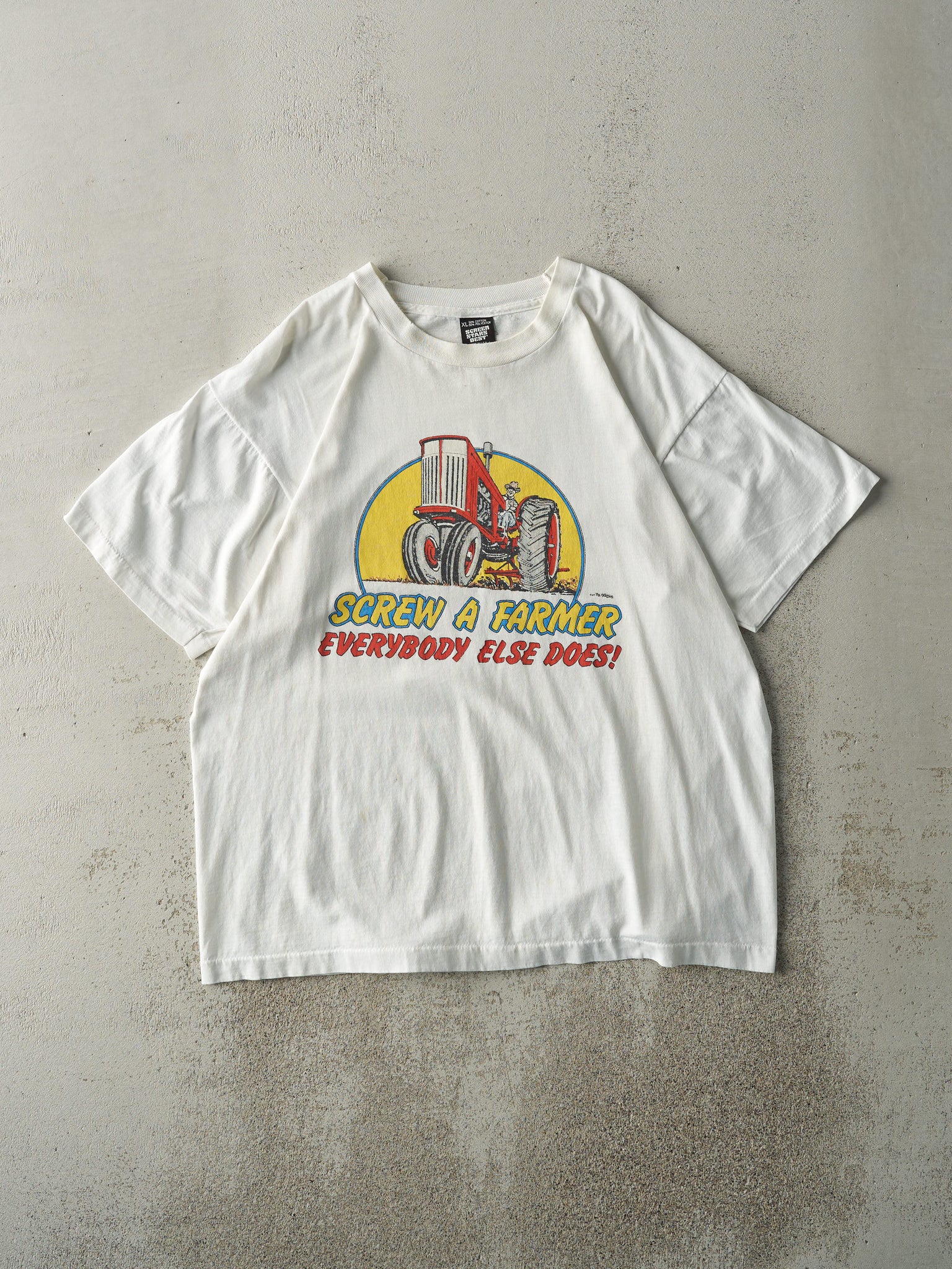 Vintage 89' White "Screw A Farmer" Single Stitch Tee (L)