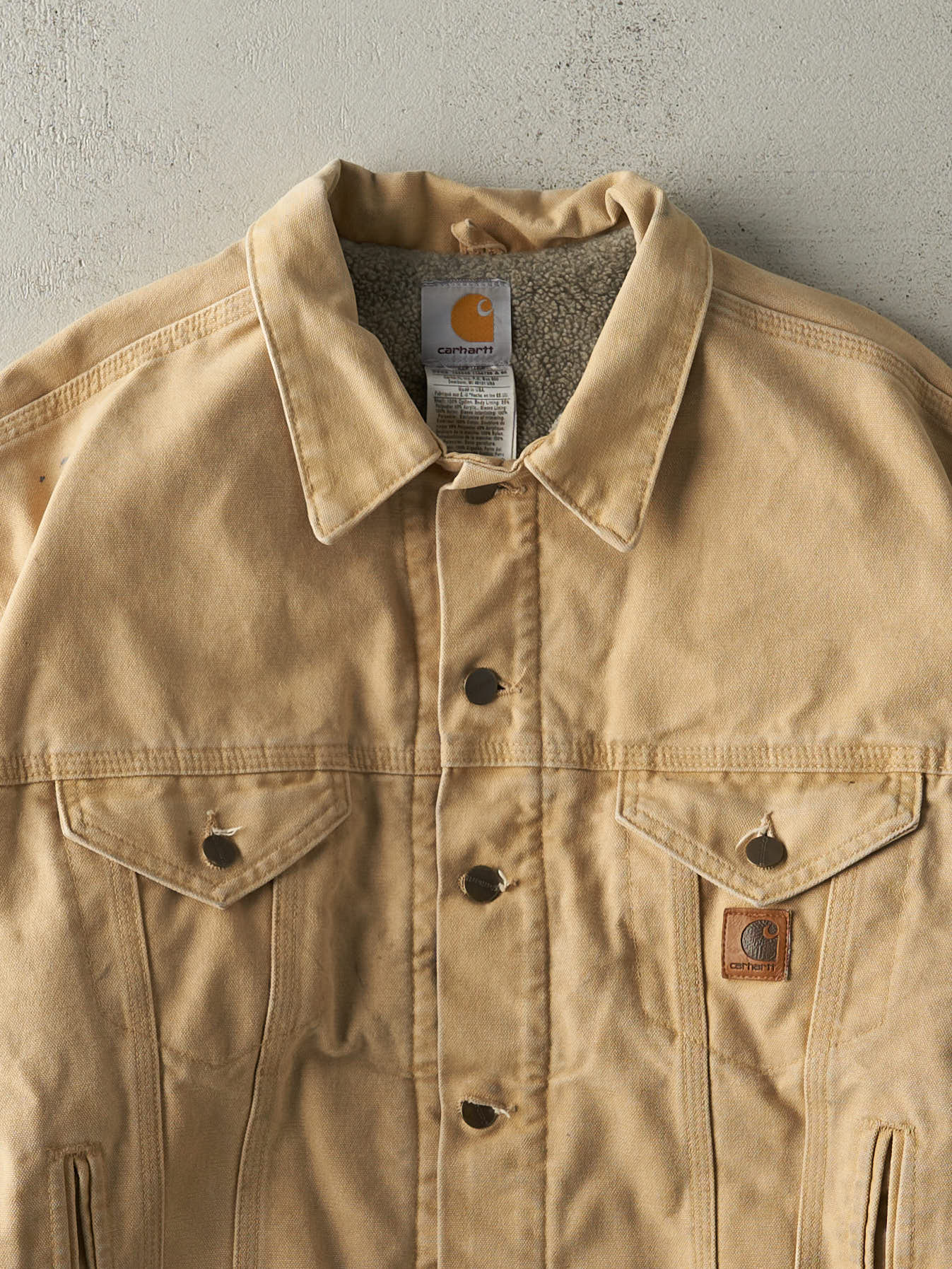 Vintage Y2K Beige Carhartt Embroidered Fleece Lined Trucker Jacket (L)