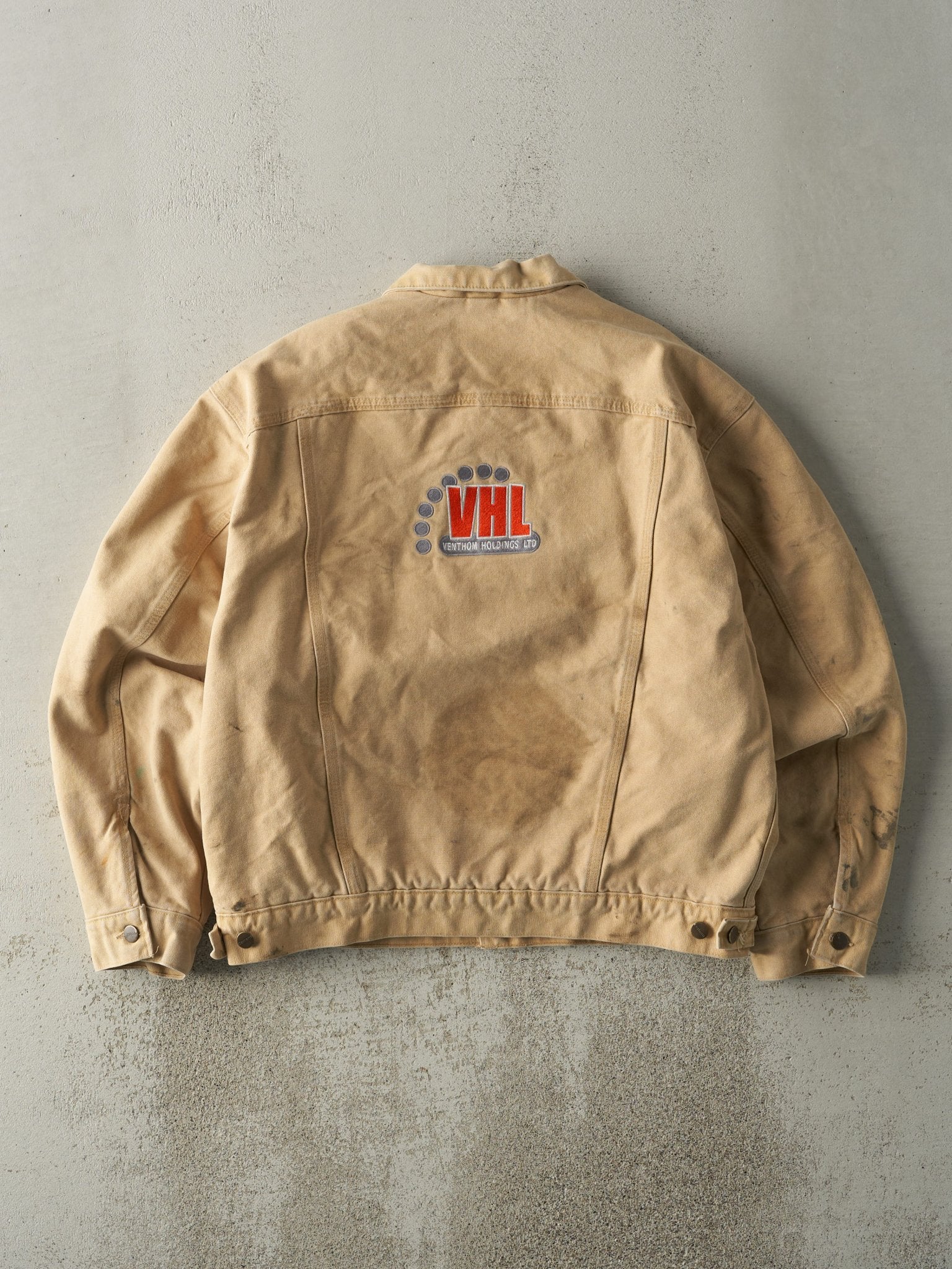 Vintage Y2K Beige Carhartt Embroidered Fleece Lined Trucker Jacket (L)