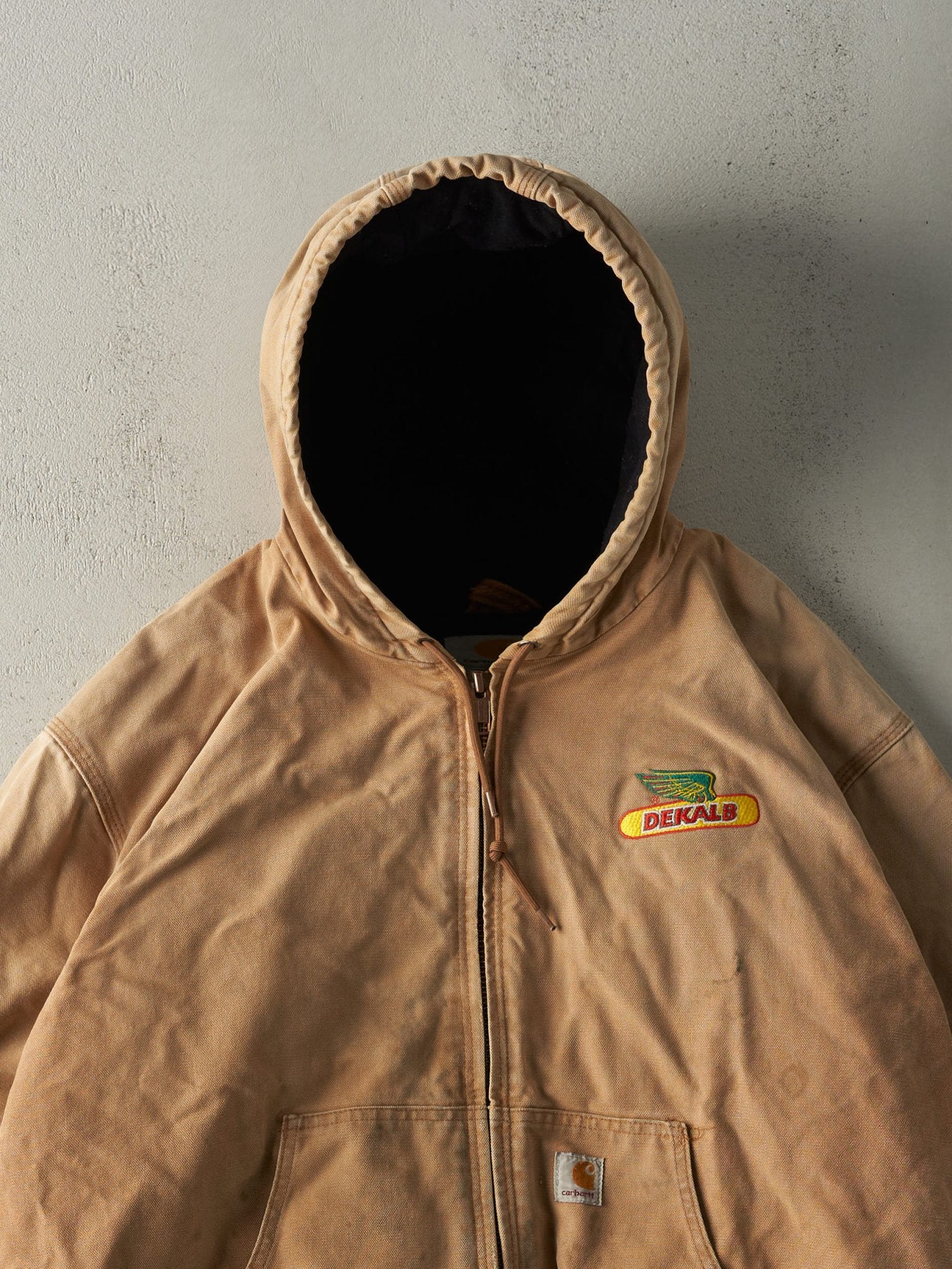 Vintage Y2K Beige Embroidered Carhartt Hooded Workwear Jacket (XXL)