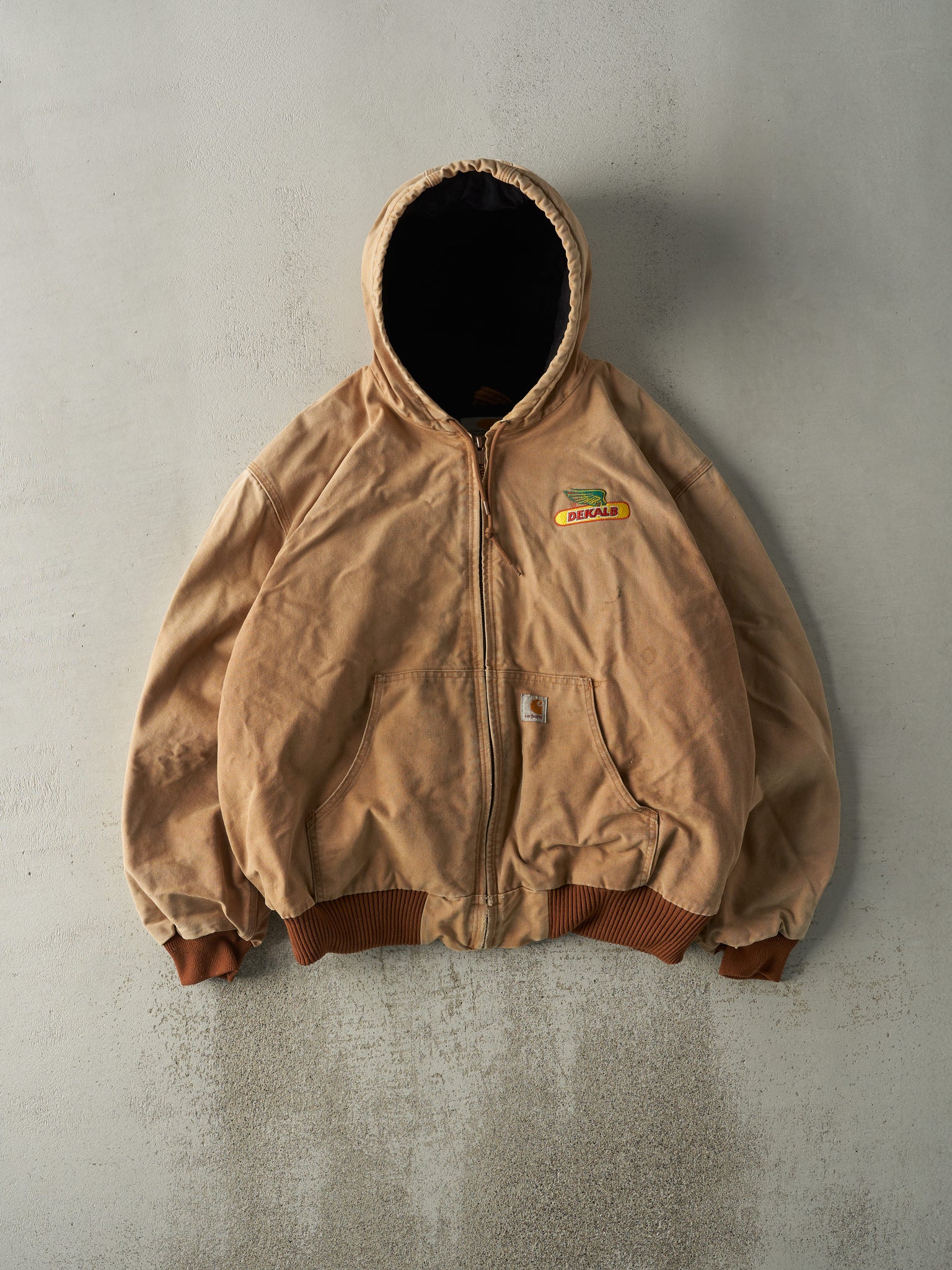 Vintage Y2K Beige Embroidered Carhartt Hooded Workwear Jacket (XXL)