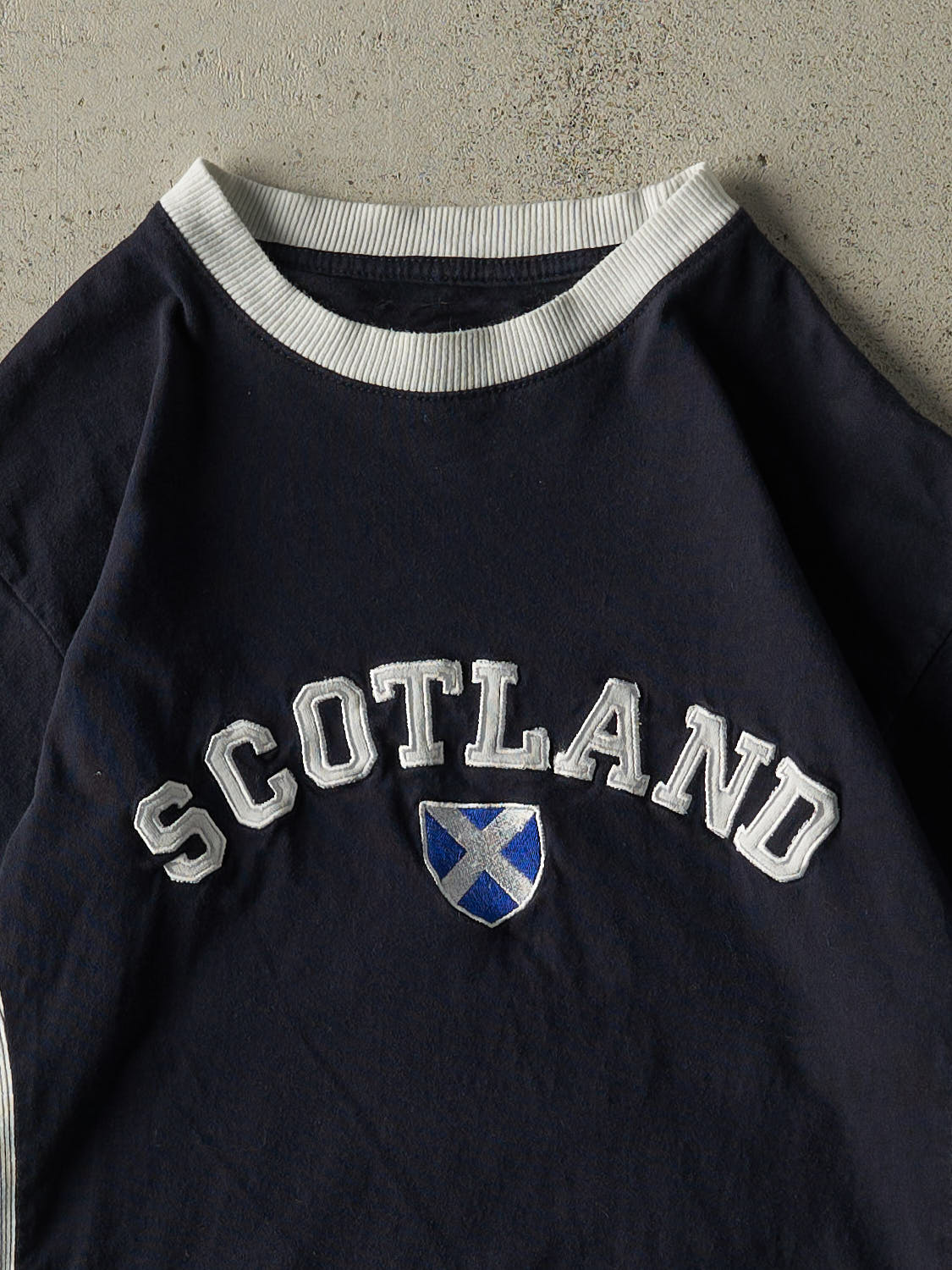 Vintage Y2K Navy Blue Scotland Embroidered Tee (S/M)