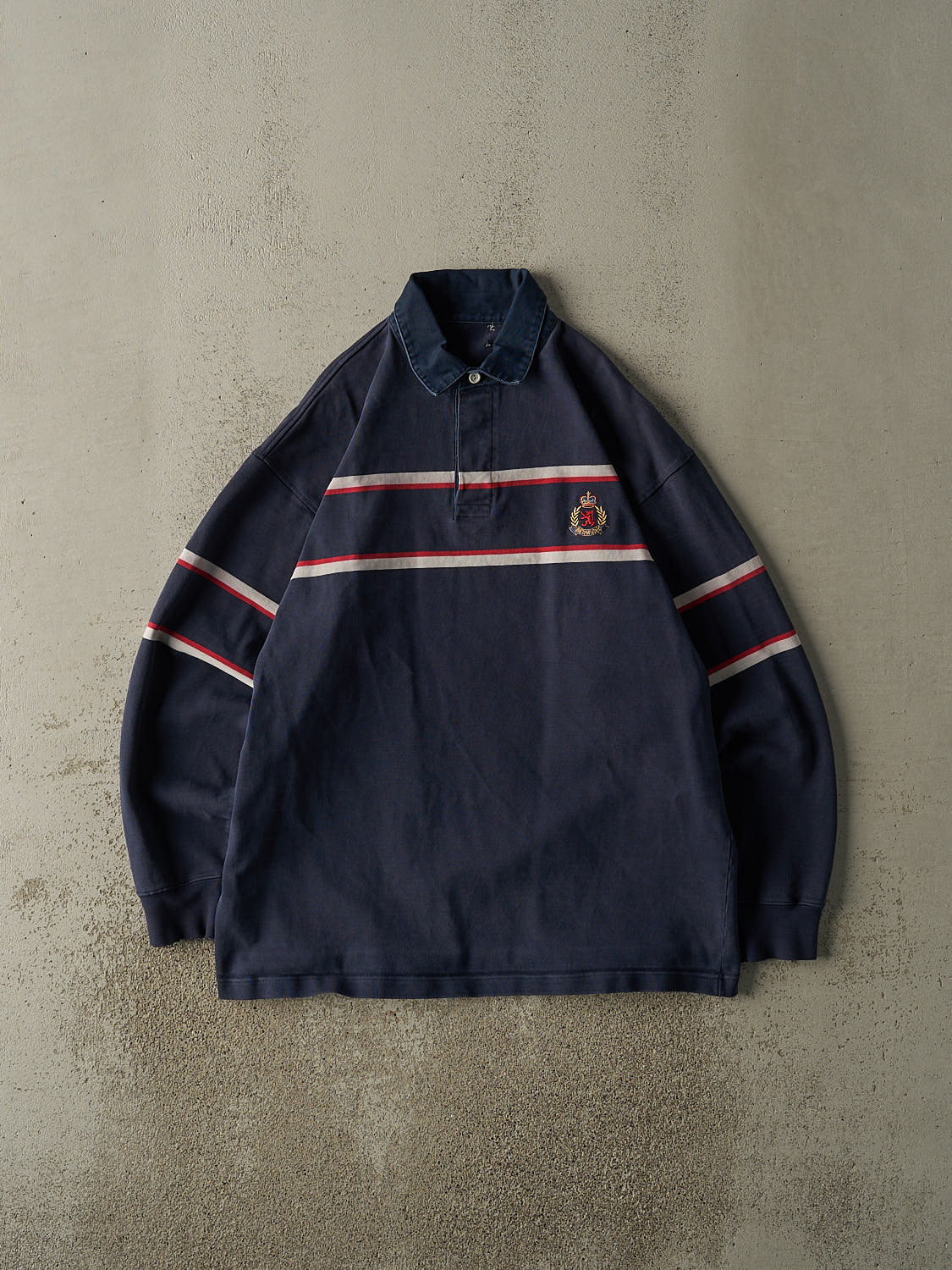 Vintage 90s Navy Blue Embroidered Rugby Long Sleeve (XL)