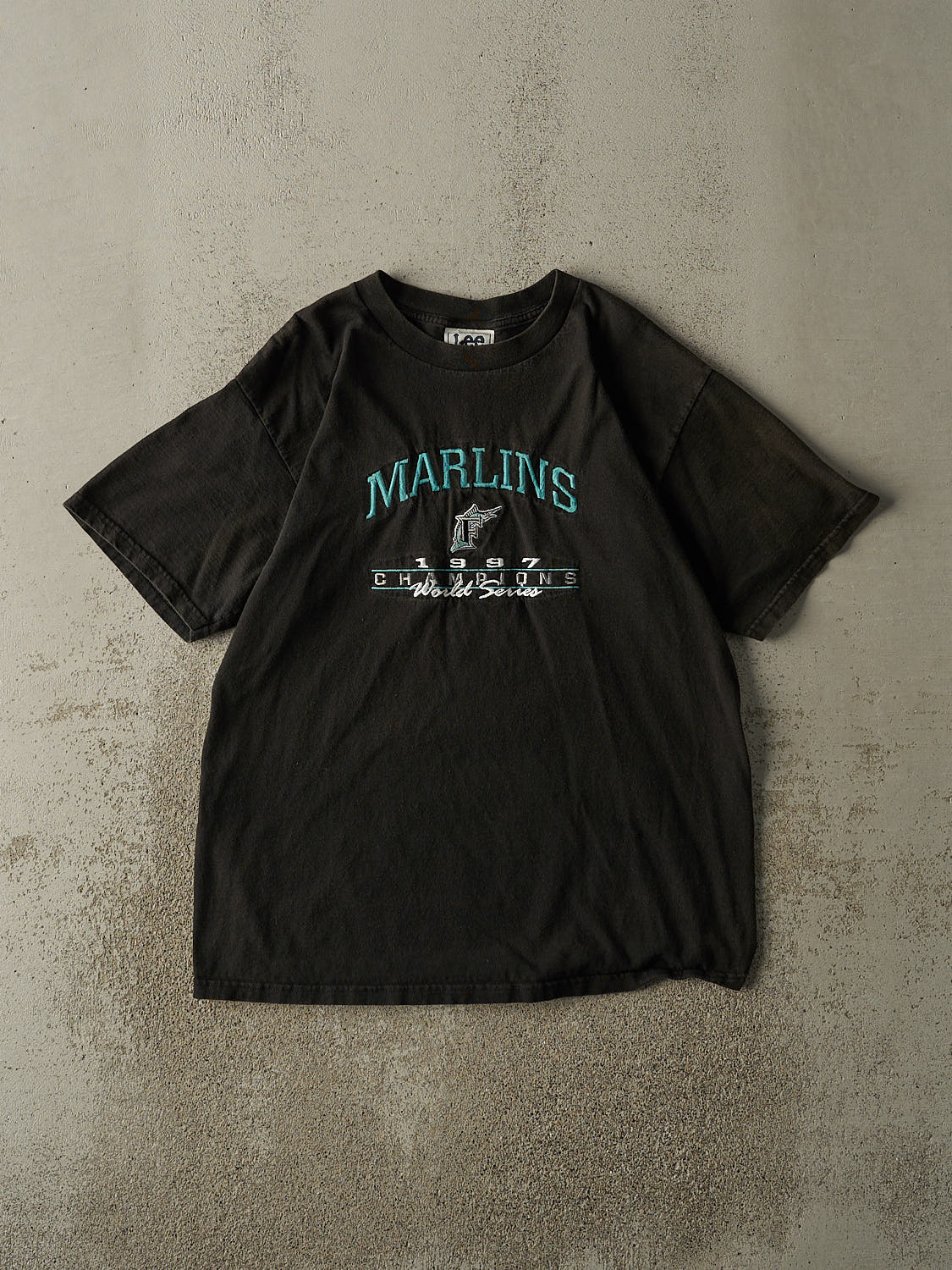 Vintage 97' Faded Black Florida Marlins World Series Champions Embroidered Tee (L)