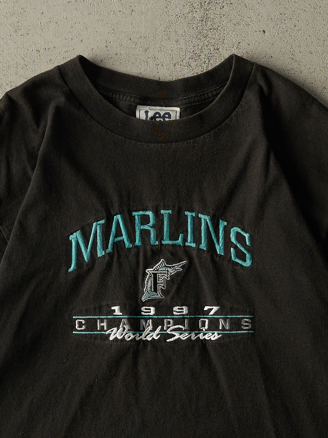 Vintage 97' Faded Black Florida Marlins World Series Champions Embroidered Tee (L)