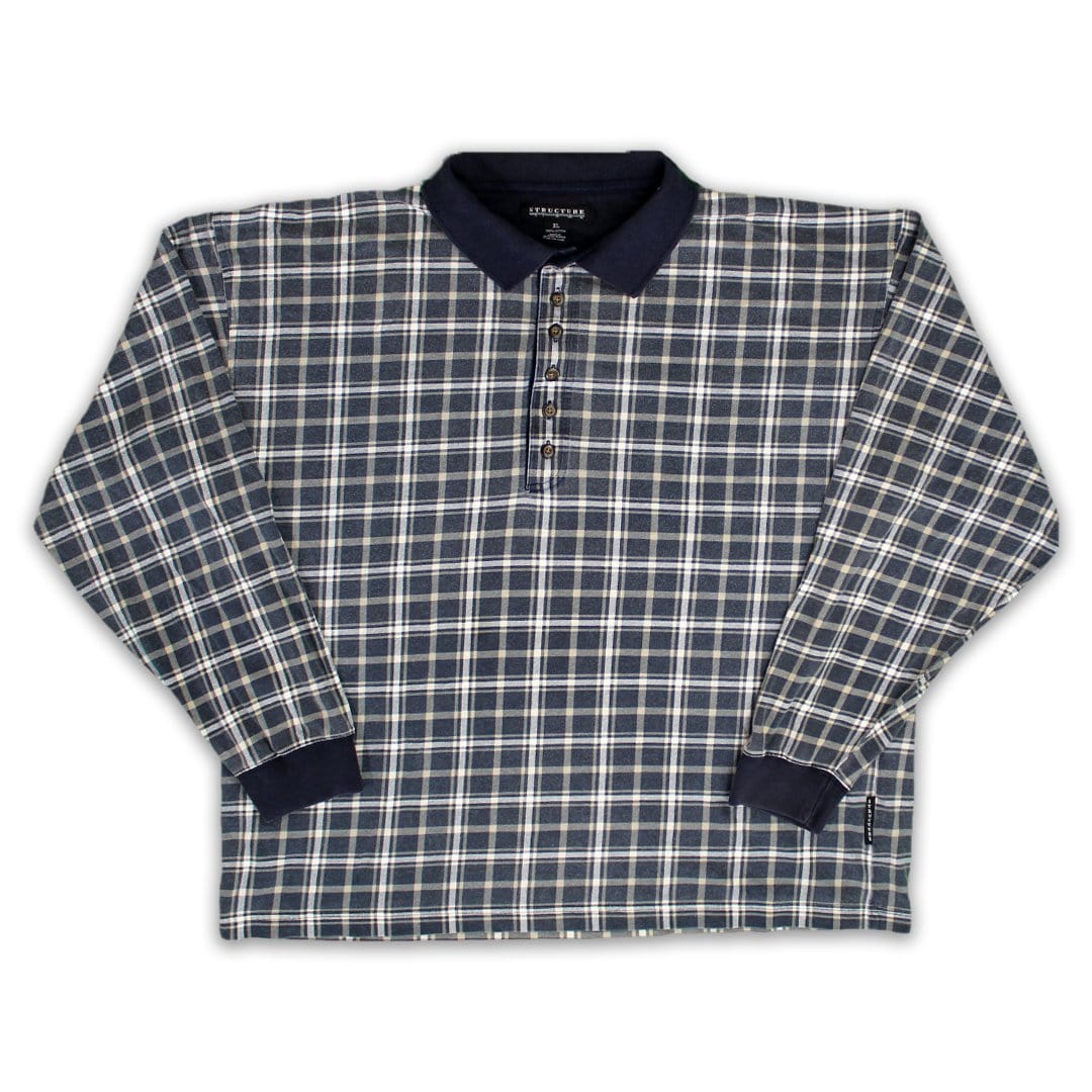 Vintage 90s Blue + White Plaid 1/4 Button Long Sleeve | Rebalance Vintage.