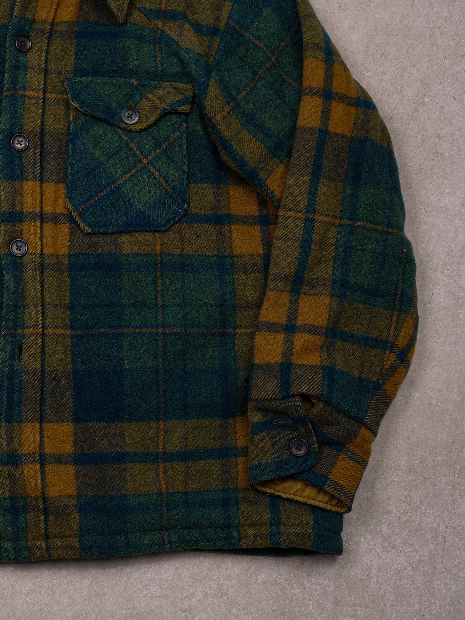 Vintage 90s Green, Blue and Yellow Woolrich Plaid Wool Fleece Line Jacket (XL)