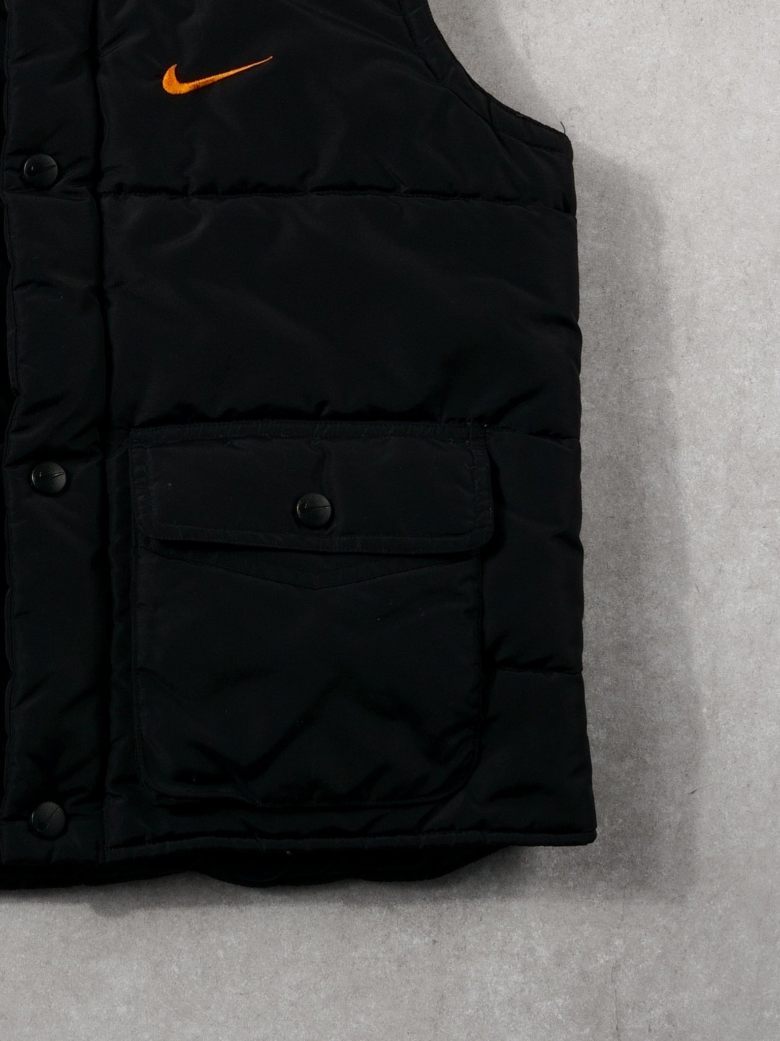 Vintage 90s Black + Orange Nike Puffer Vest (M)