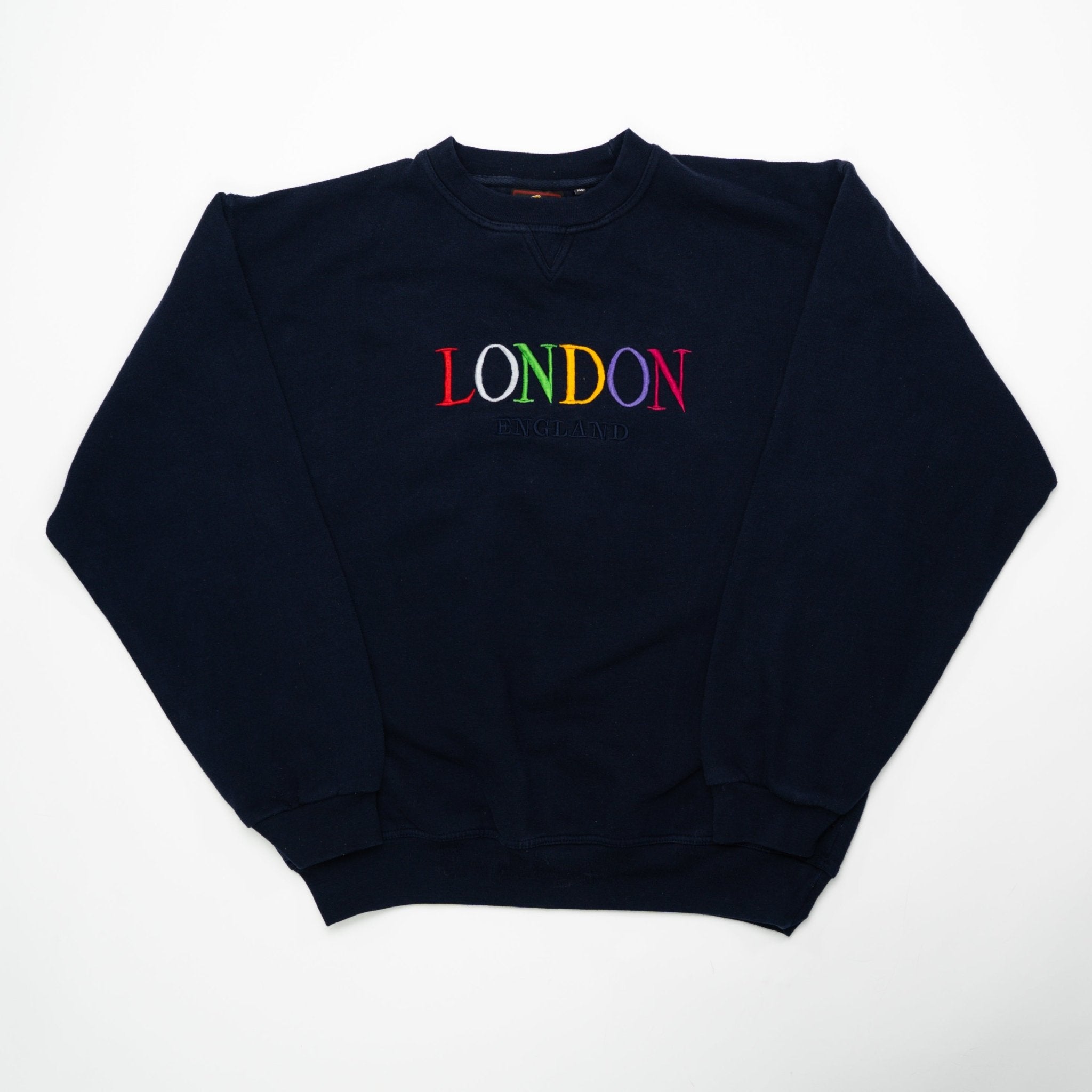 Vintage Navy London England Embroidered Spell Out Crewneck (L) | Rebalance Vintage.