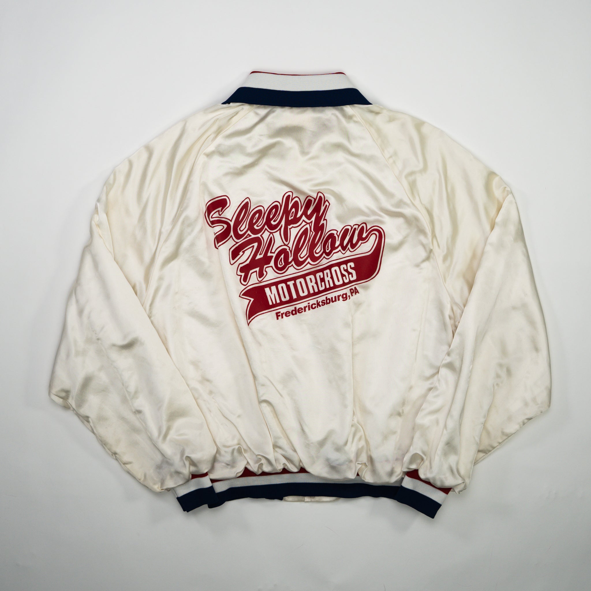 Vintage White, Blue + Red Sleepy Hollow Motorcross Satin Bomber (L)