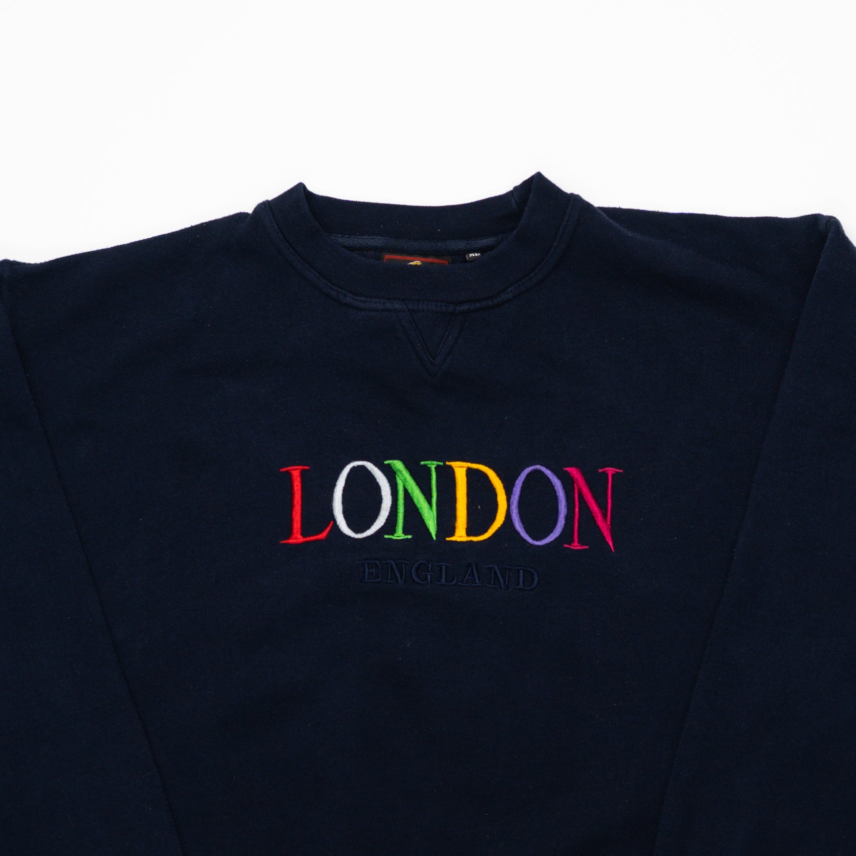Vintage Navy London England Embroidered Spell Out Crewneck (L) | Rebalance Vintage.