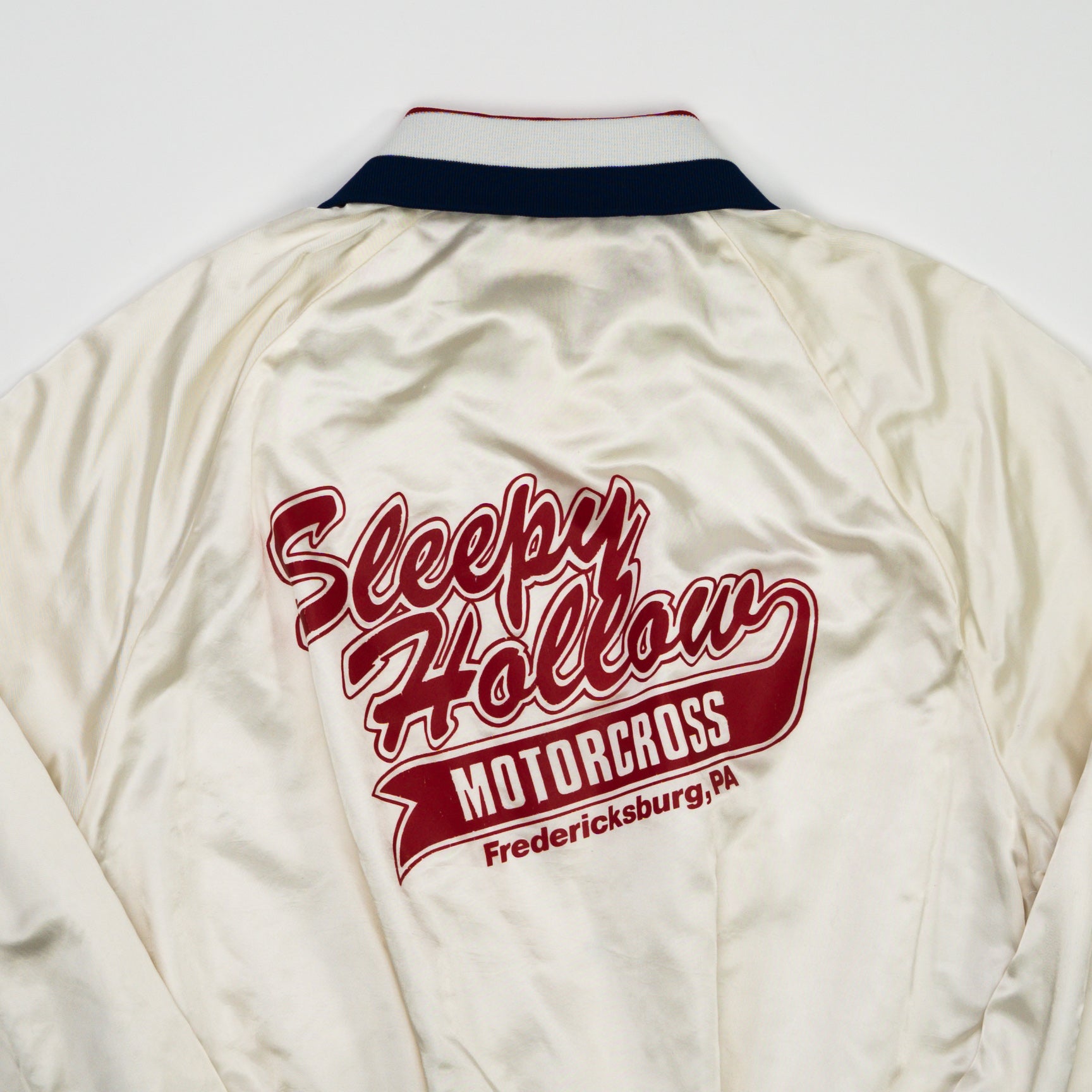Vintage White, Blue + Red Sleepy Hollow Motorcross Satin Bomber (L)