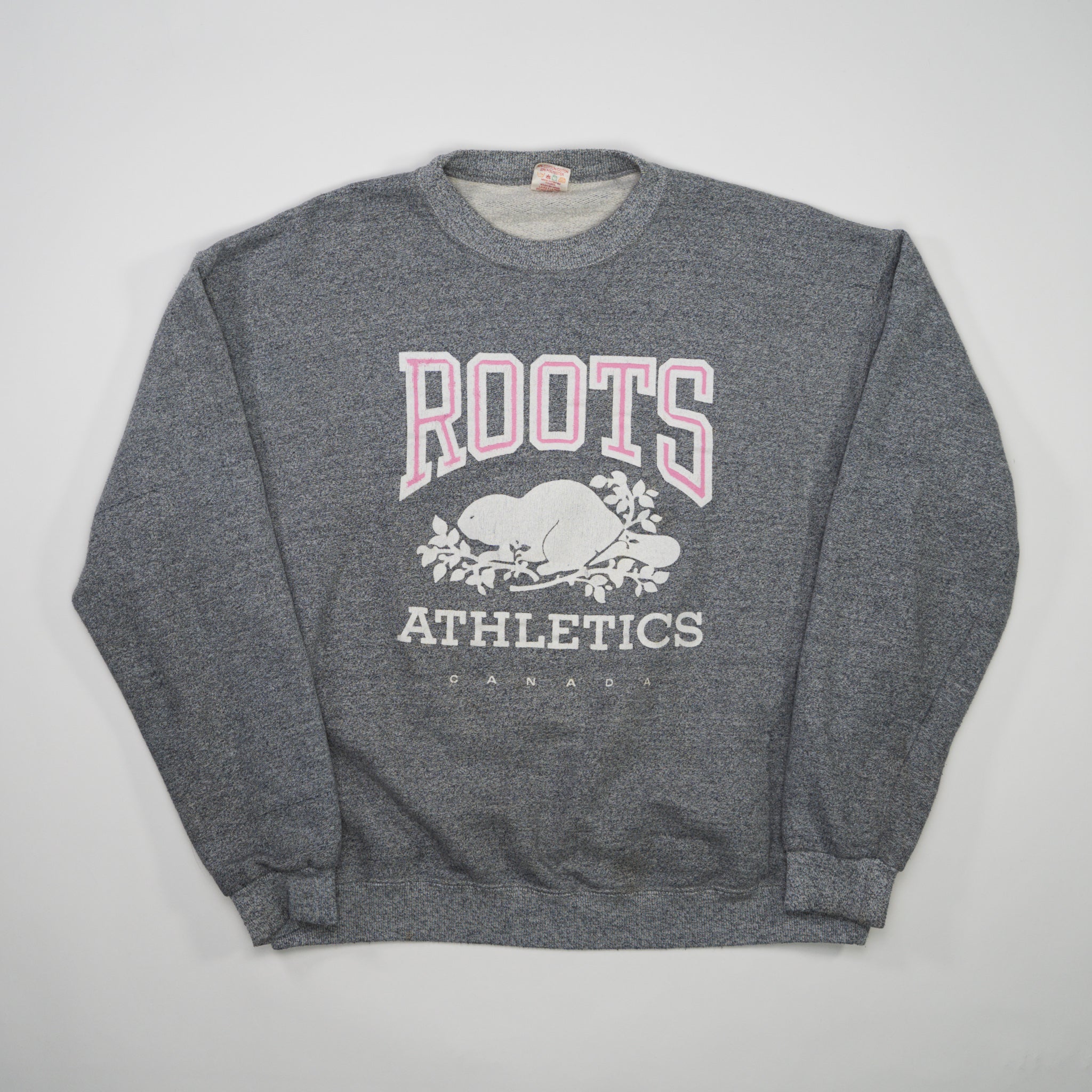 Vintage 80s Grey + Pink Roots Athletics Crewneck (L)