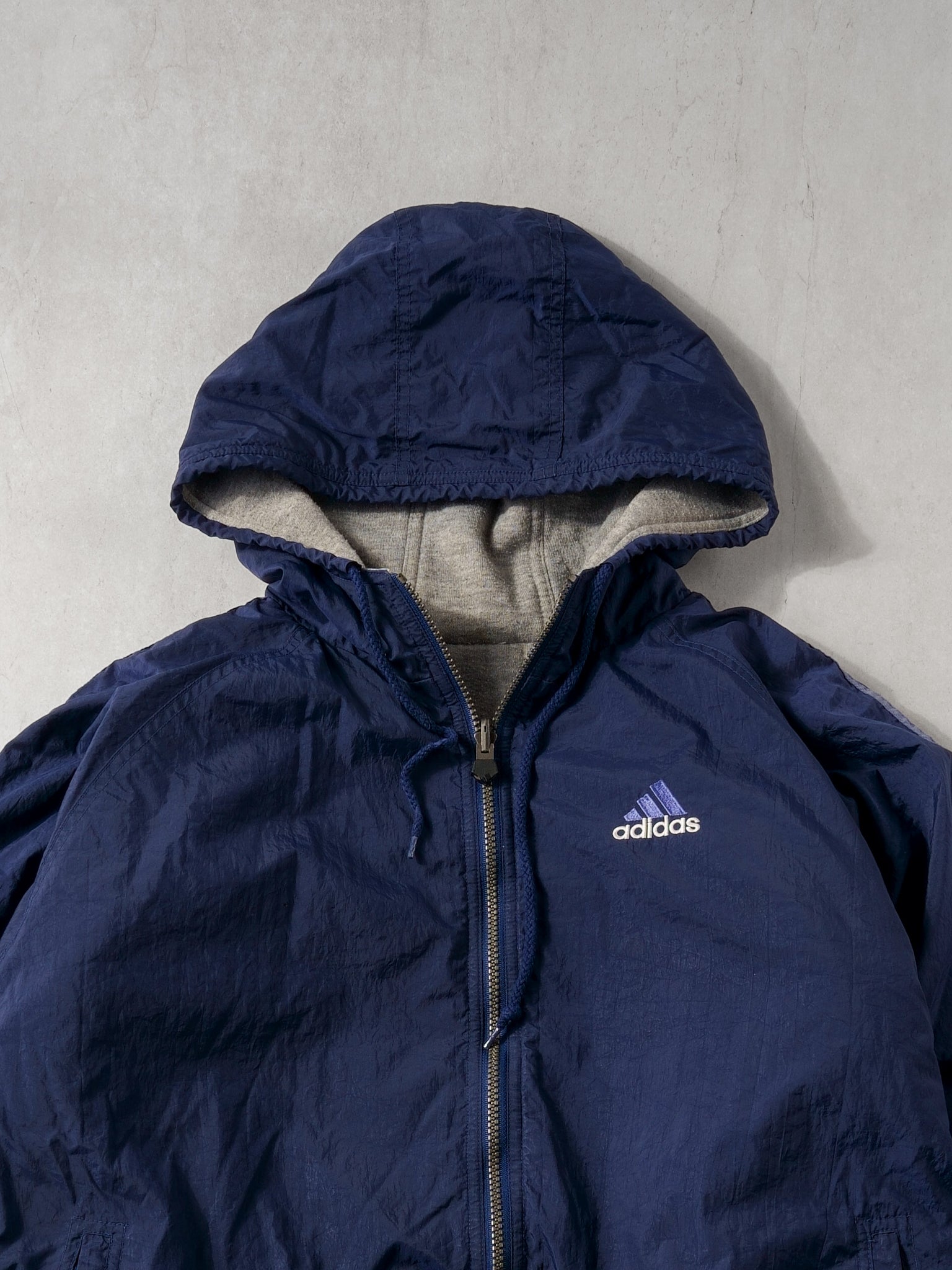 Vintage 90s Navy Blue Adidas Hooded Reversible Windbreaker (L)