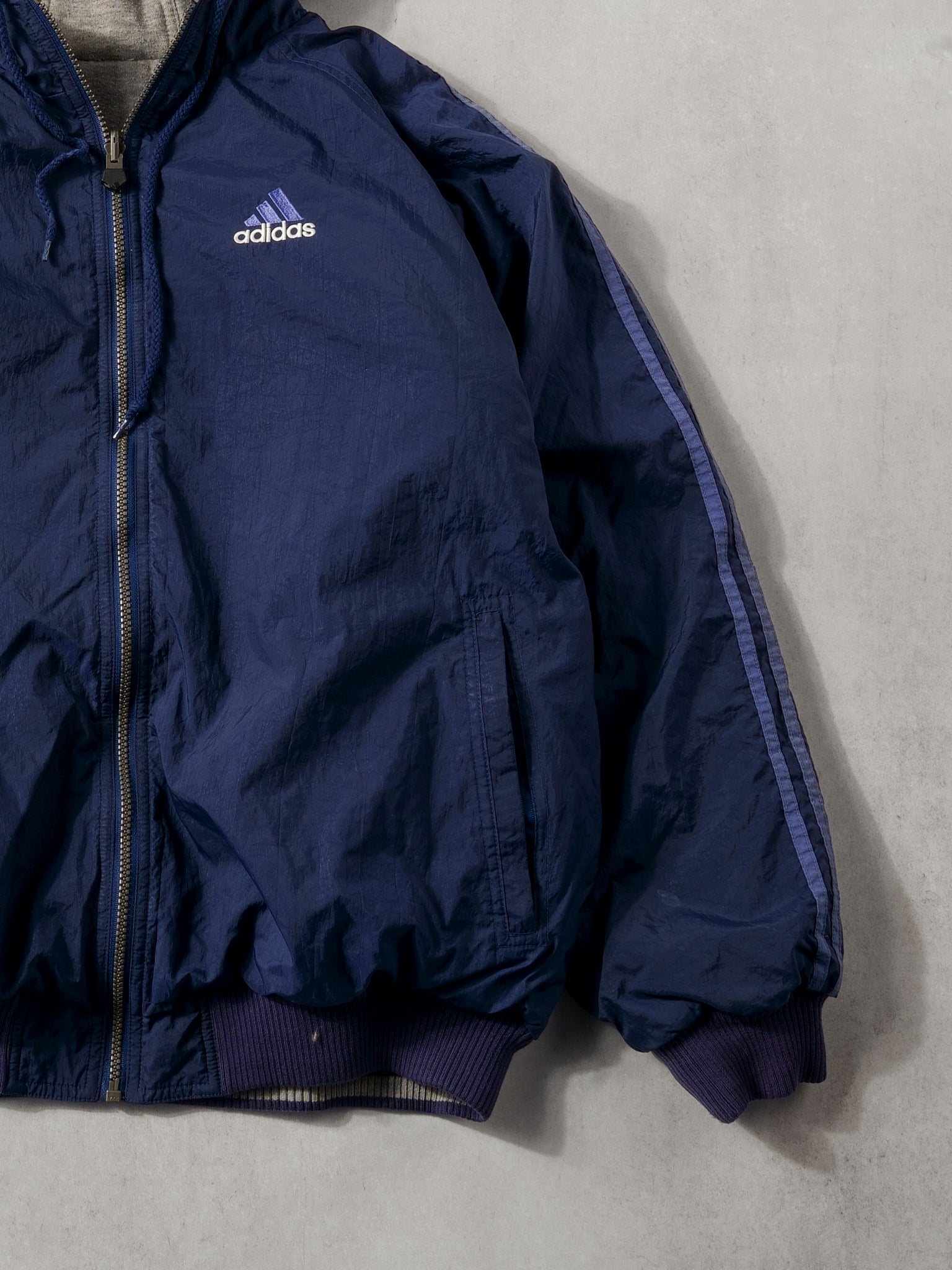 Vintage 90s Navy Blue Adidas Hooded Reversible Windbreaker (L)