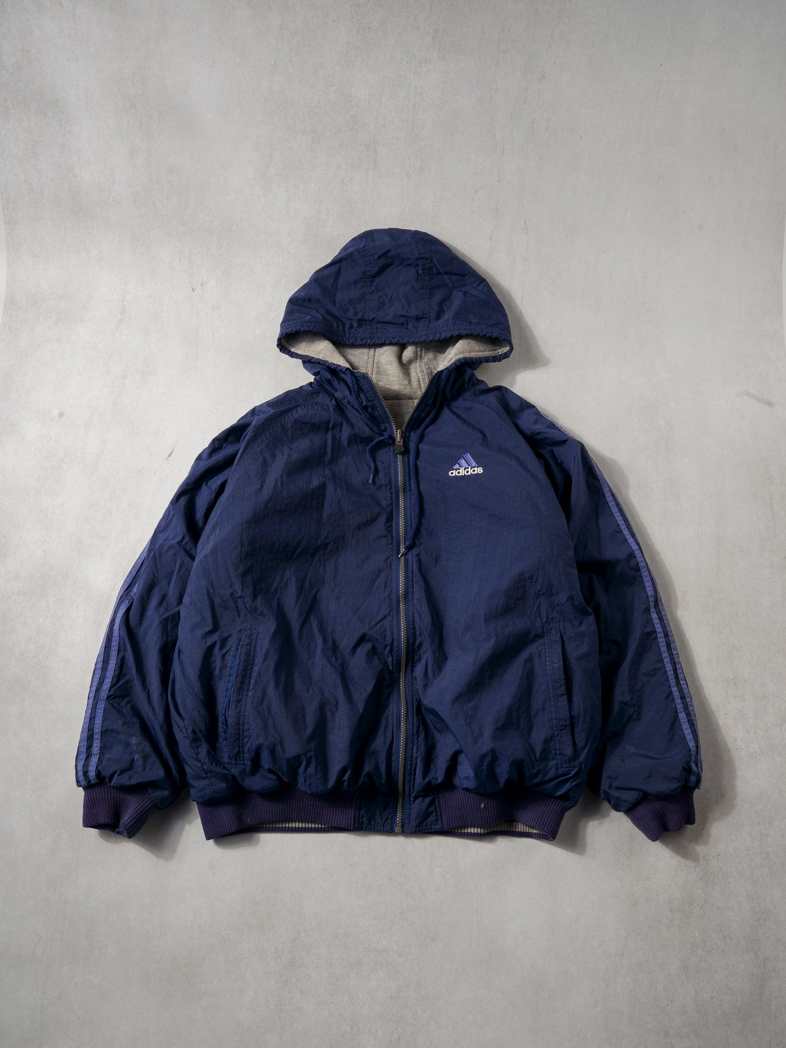Vintage 90s Navy Blue Adidas Hooded Reversible Windbreaker (L)