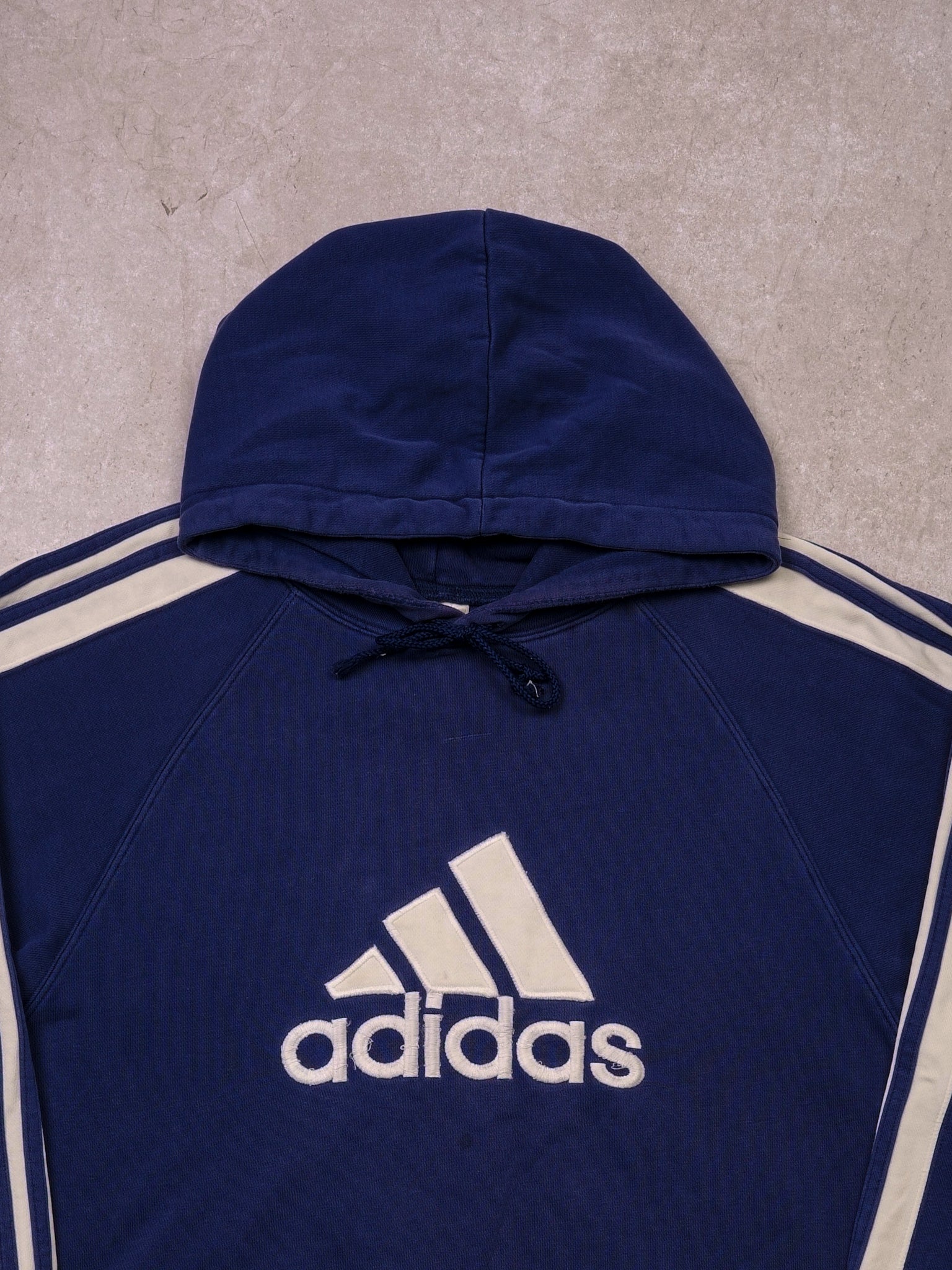 Vintage Faded Navy Blue Adidas 3 Stripes Hoodie (L/XL)