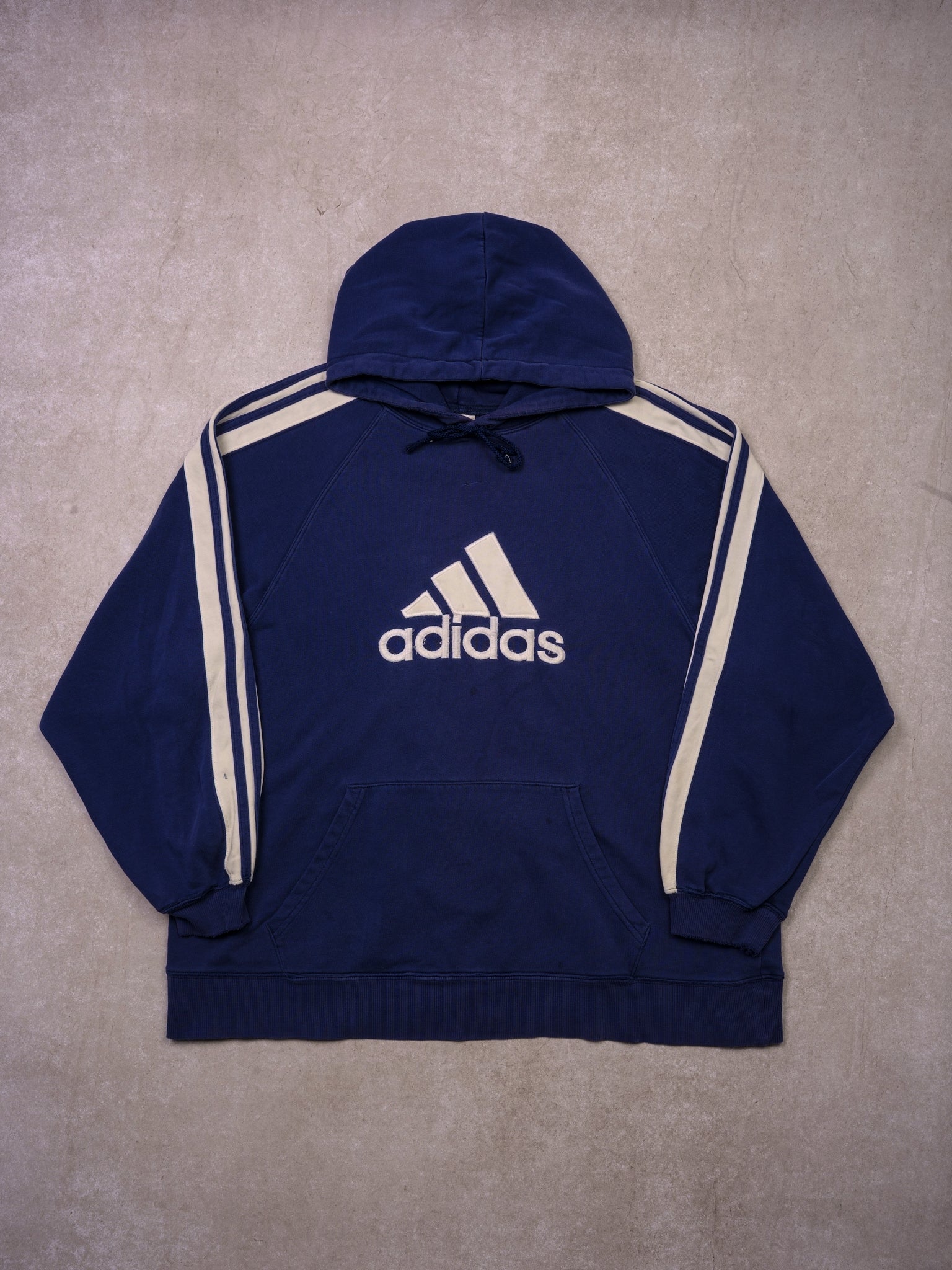 Vintage Faded Navy Blue Adidas 3 Stripes Hoodie (L/XL)