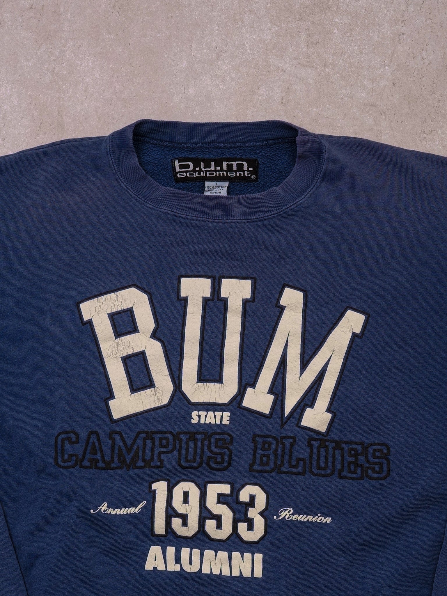 Vintage 90s Faded Navy Blue BUM Campus Blue Alumni Crewneck (L)